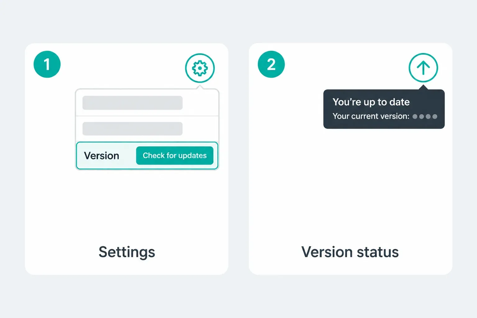 Two update routes in CapCut Desktop: Settings with Version and Check for updates (1), and the top-right arrow showing a You're up to date status (2)