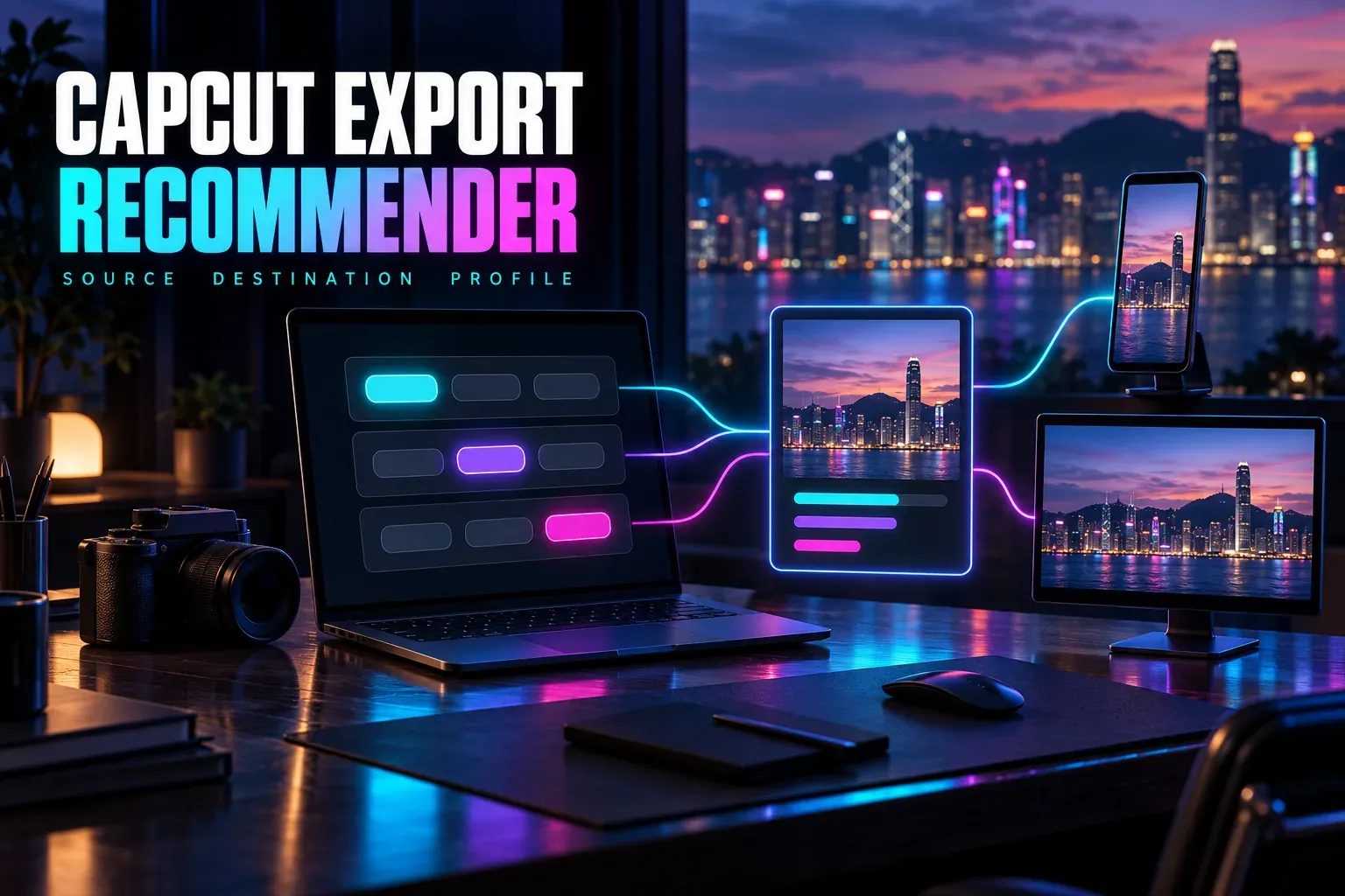Camera beside a laptop with three rows of choice pills, linked to a harbour skyline result card that branches to a vertical phone and a wide monitor, titled CapCut Export Recommender