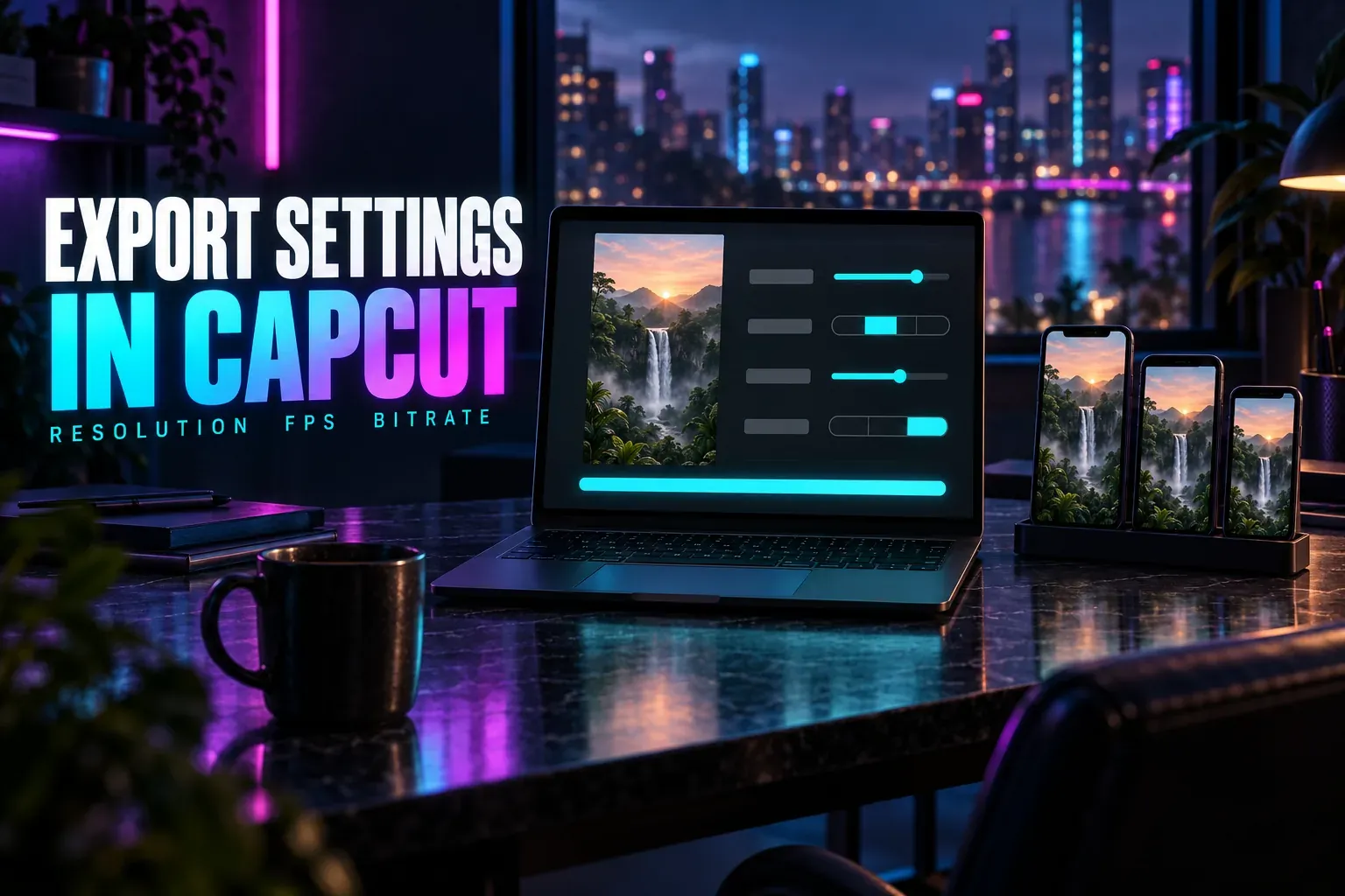 Laptop export window with a vertical waterfall preview, sliders, segmented controls and a filled progress bar, beside three phones showing the clip, titled Export Settings in CapCut