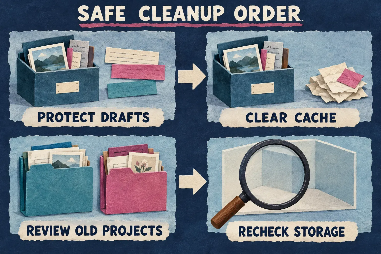 Protect important drafts, use the labelled cache control, review retired projects, then recheck device storage