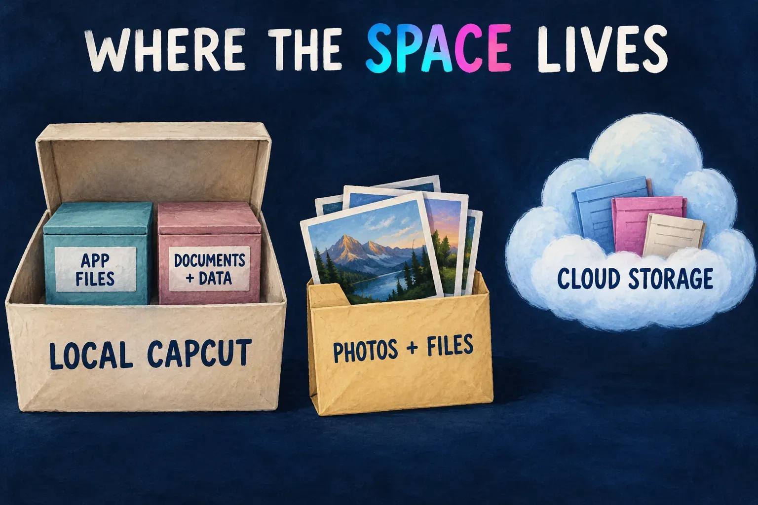 Local CapCut app files and project data beside Photos and Files, with cloud storage shown as a separate location