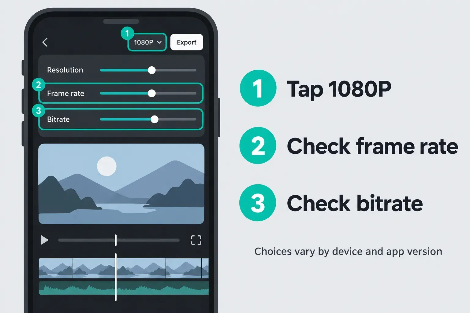 CapCut Mobile resolution label beside Export and the expanded frame rate and bitrate controls