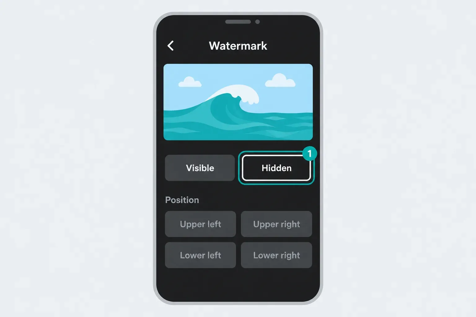 CapCut Mobile Watermark screen with Visible and Hidden buttons, Hidden highlighted, above greyed-out Position options