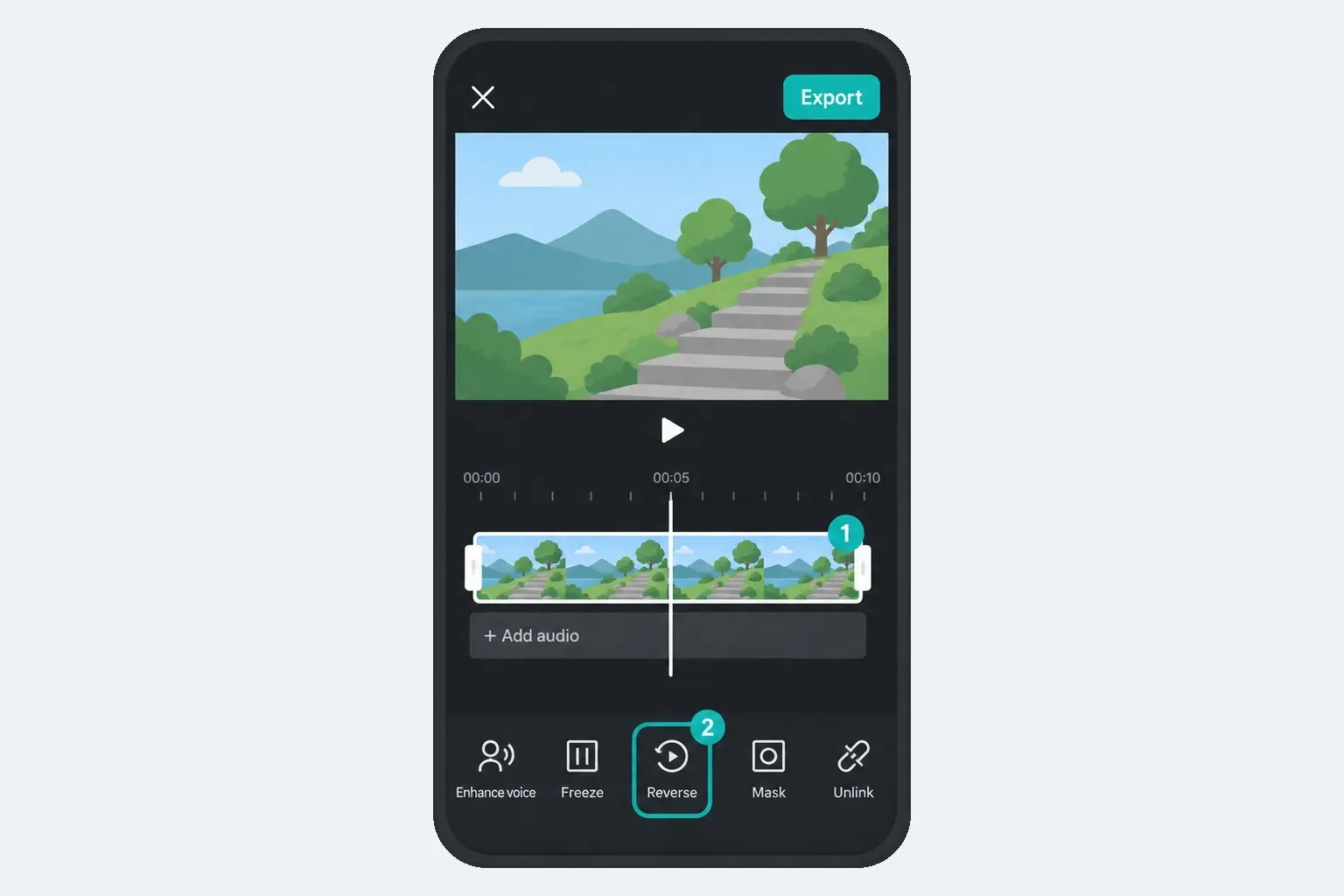 CapCut Mobile editor with a video clip selected on the timeline and Reverse highlighted in the bottom toolbar between Freeze and Mask