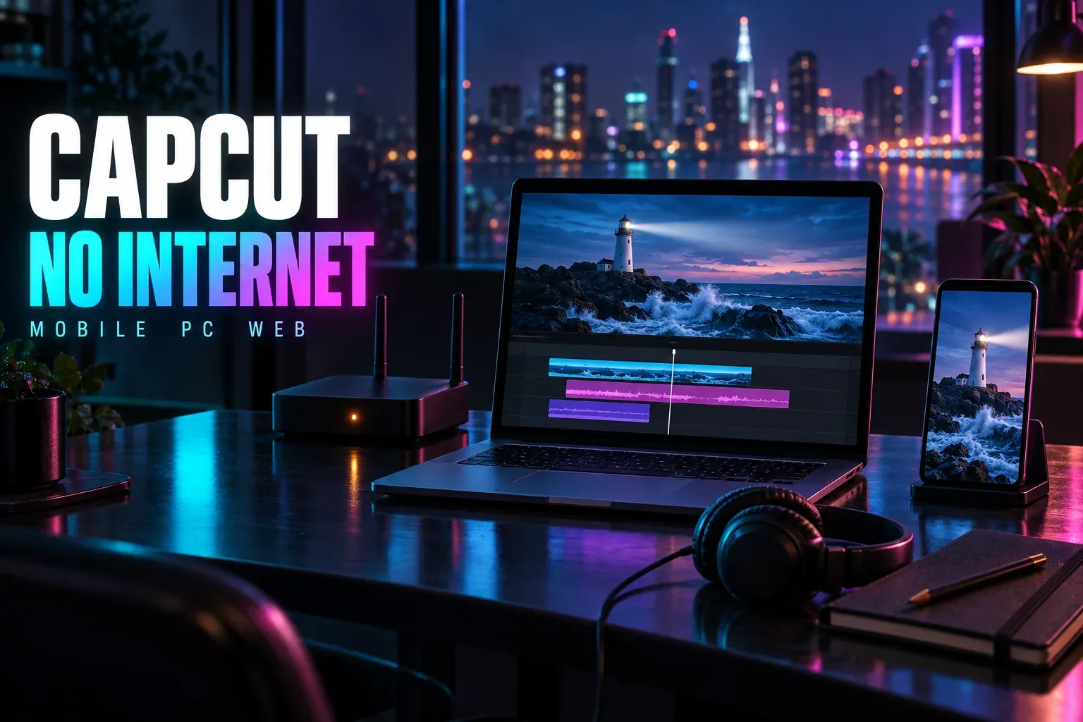Laptop timeline and a phone on a stand showing a lighthouse at dusk, beside a router with one amber light, headphones and a notebook, under the title CapCut No Internet