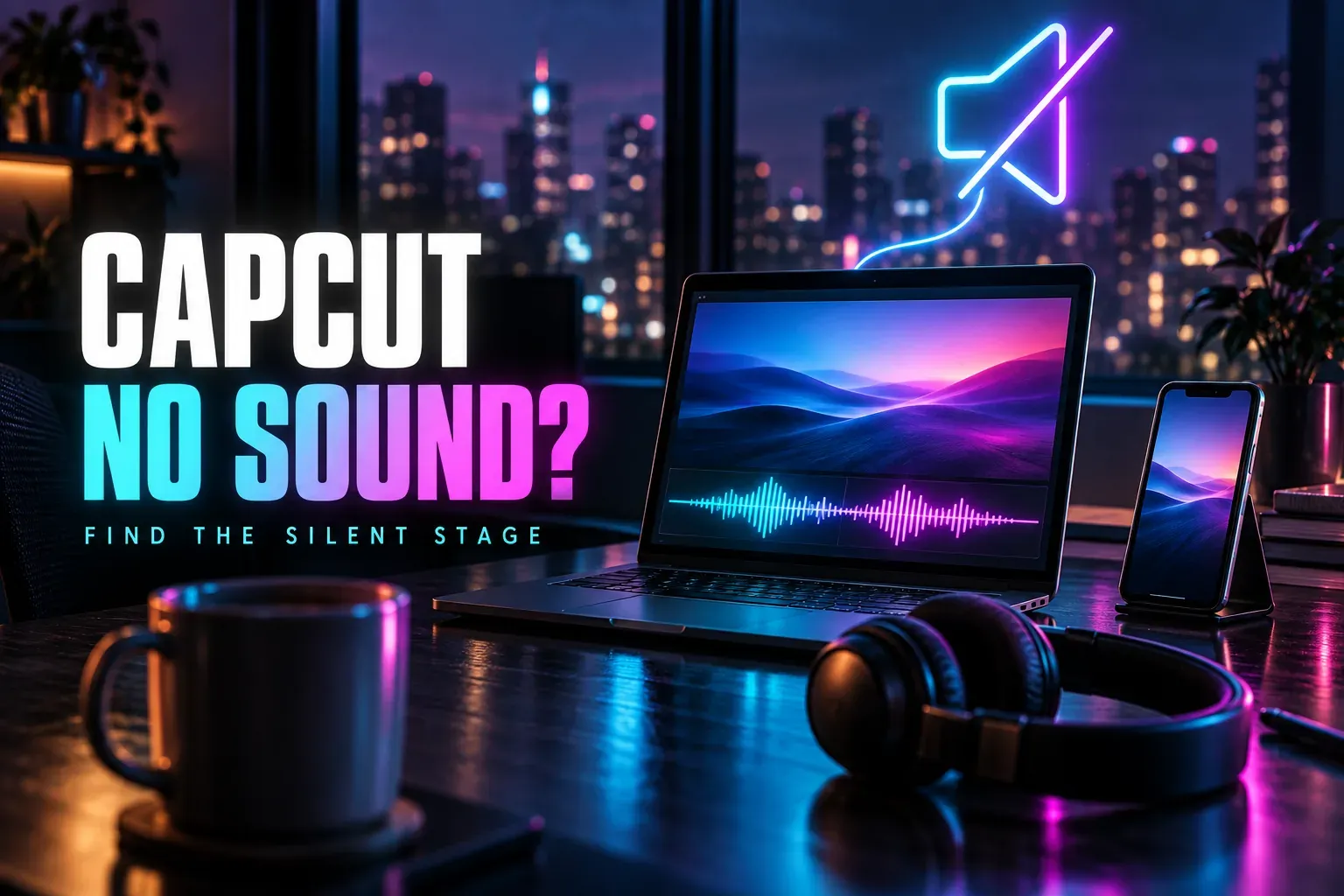 Laptop with a glowing audio waveform, a phone on a stand and headphones on a night desk under a neon slashed loudspeaker and the title CapCut No Sound?