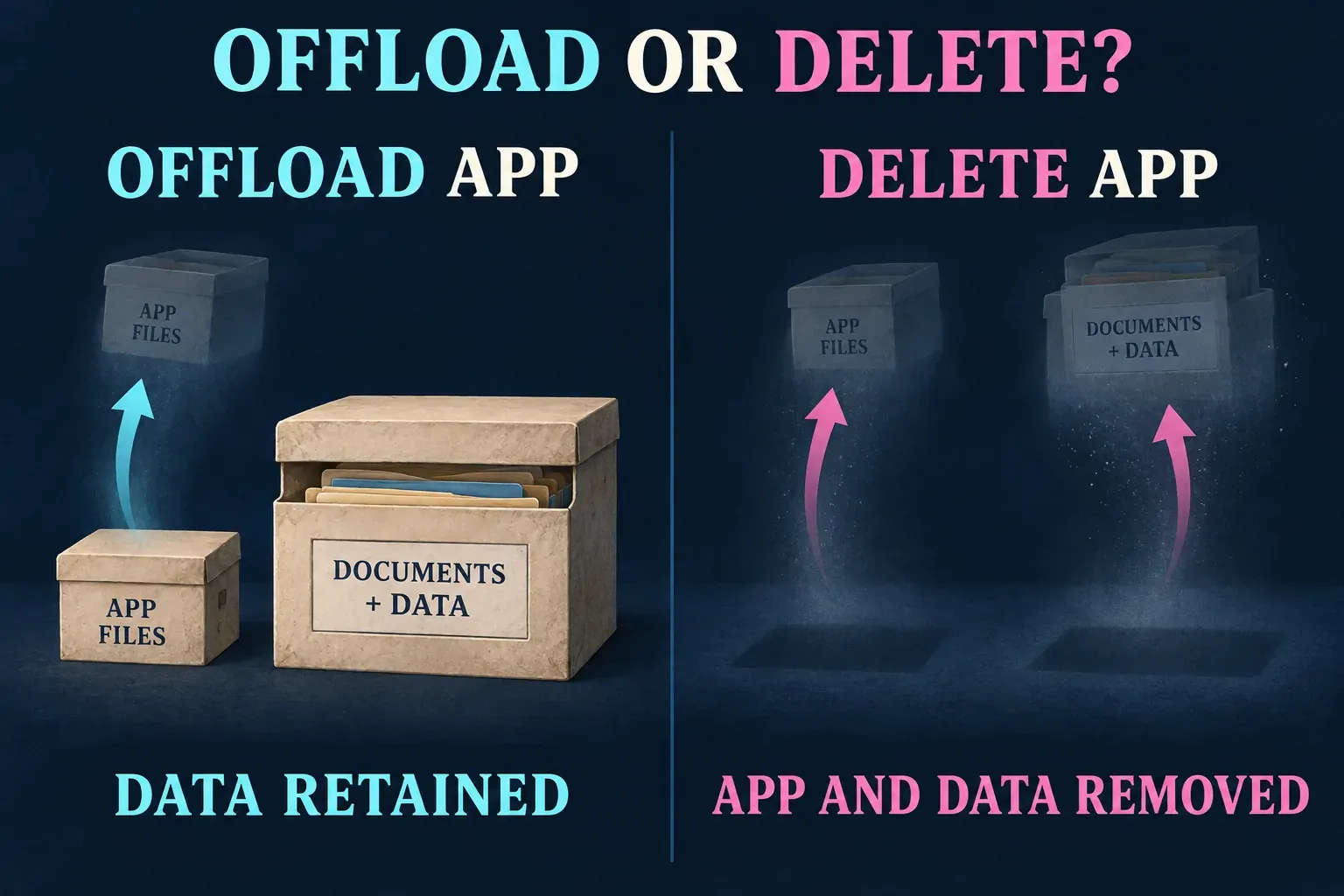 Offload removes the app files while retaining documents and data; Delete App removes both the app and related data