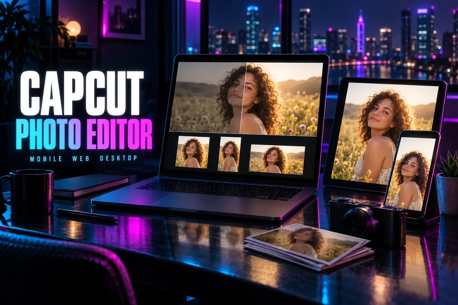 Laptop with a meadow portrait split into dull and bright halves above square, tall and wide crops, a tablet and phone with the edit, a camera and prints, under the title CapCut Photo Editor