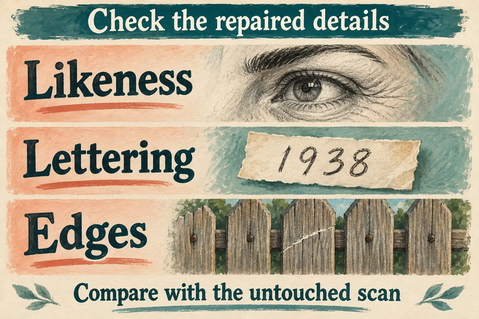 Three detail checks showing facial likeness, the date 1938 and continuous fence edges across a repaired area