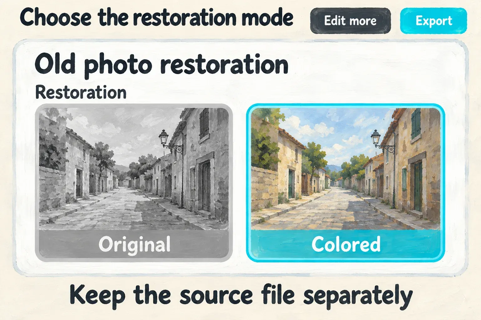 CapCut Old photo restoration panel with Original and Colored presets, plus Edit more and Export controls