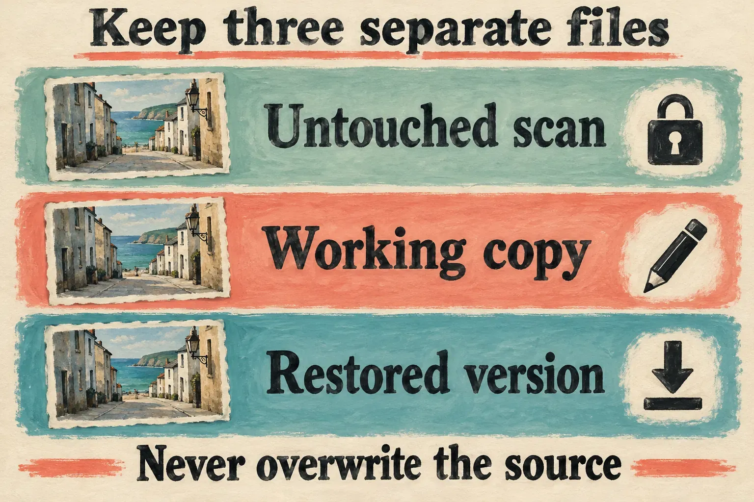 Three separate photo files labelled Untouched scan, Working copy and Restored version, with a reminder to keep the source