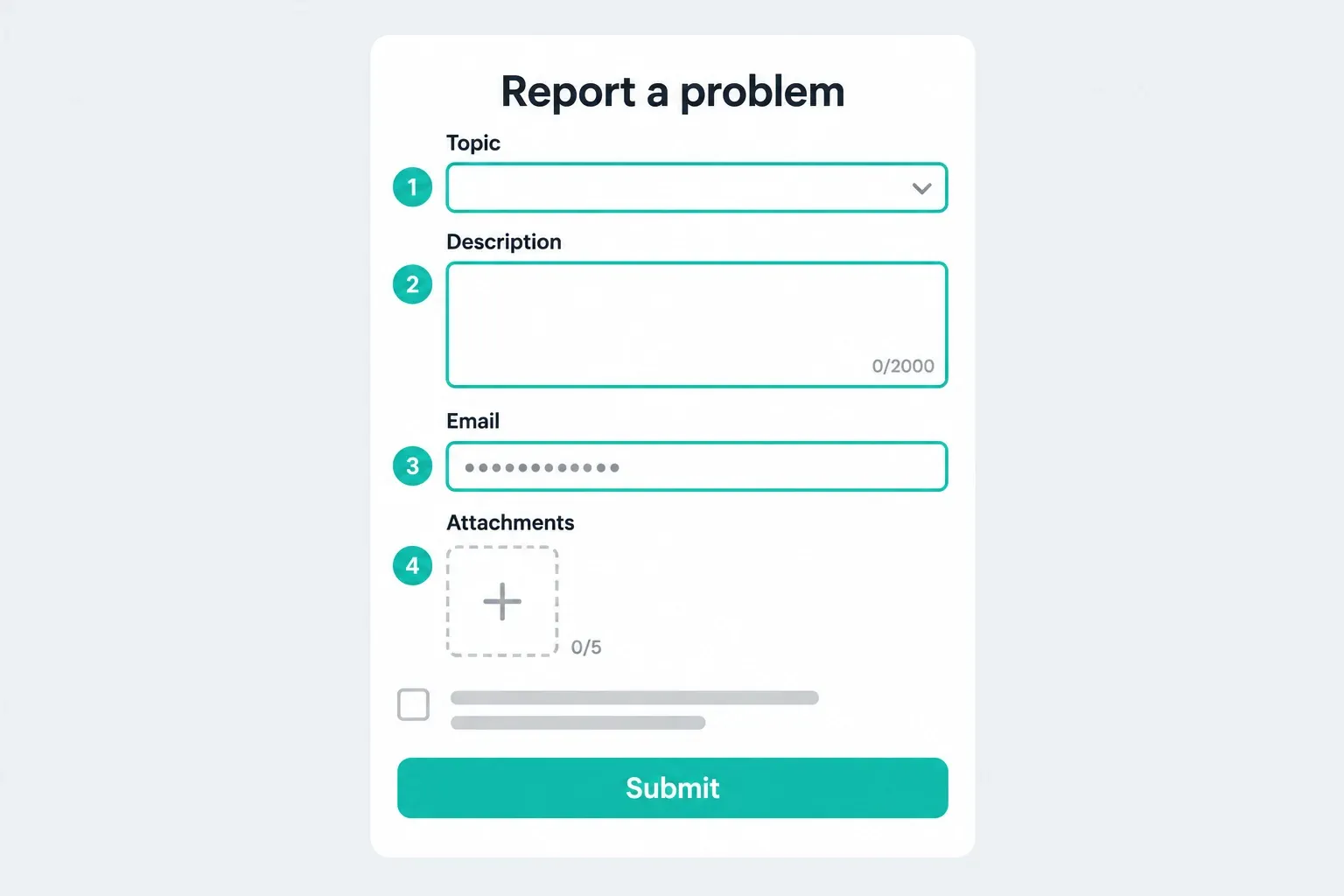 CapCut Report a problem form with Topic, a Description box limited to 2,000 characters, a reply email field, attachments for up to five screenshots or recordings, a terms checkbox and a Submit button