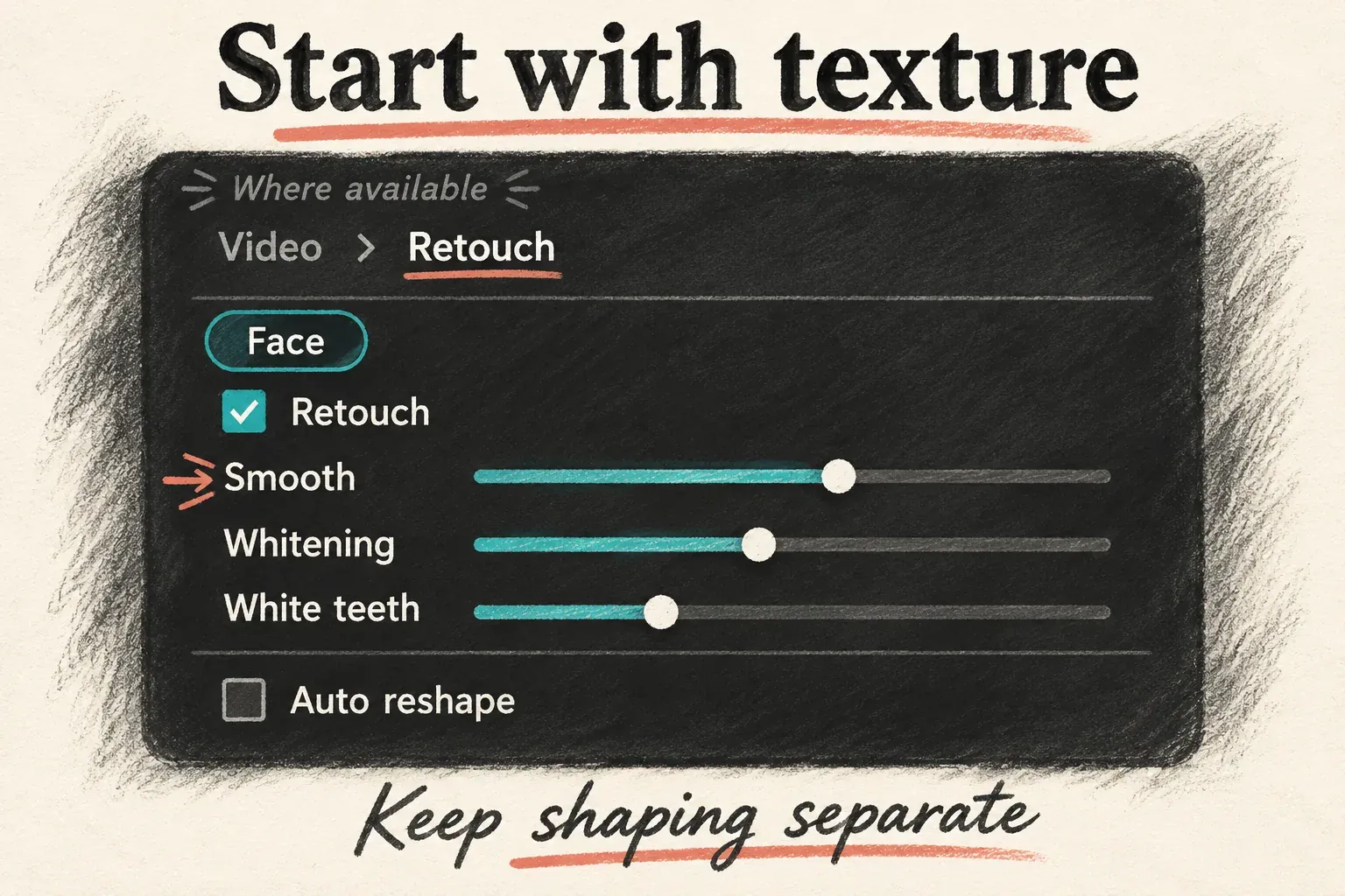 CapCut Desktop Video Retouch Face controls with a Smooth slider and Auto reshape disabled