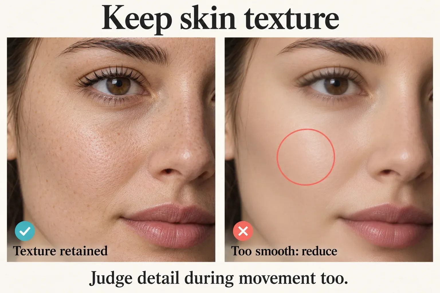 Matching close-ups of a face with visible skin texture and an overly smoothed cheek with softened detail