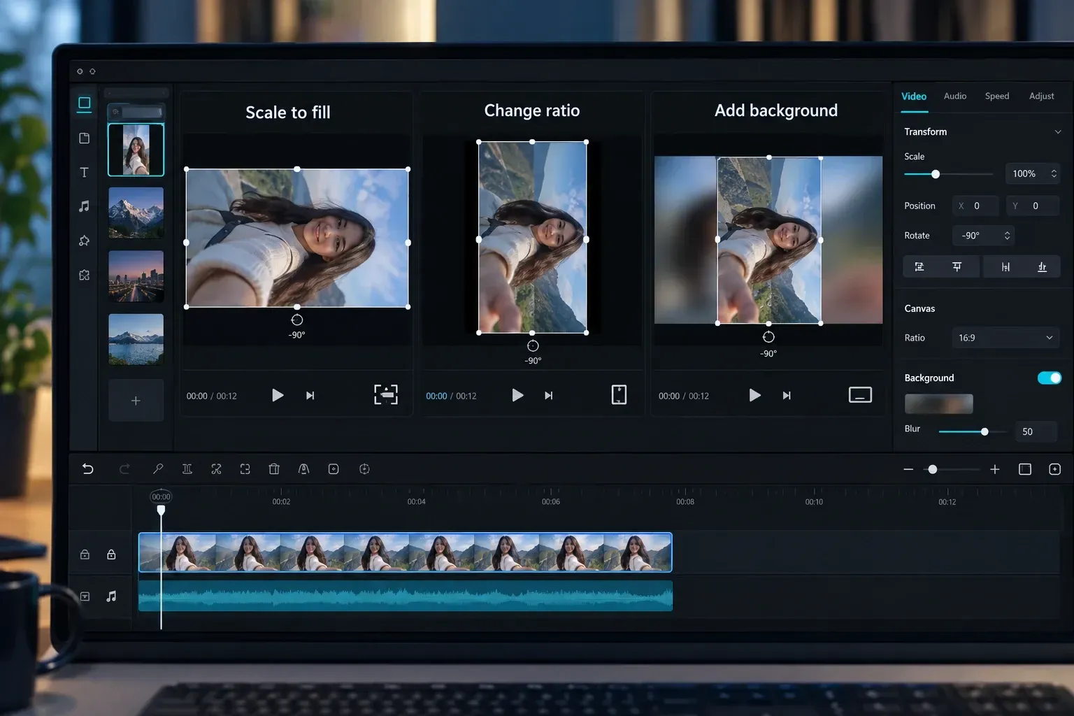 Rotated CapCut clip corrected with scale, canvas ratio or background fill options