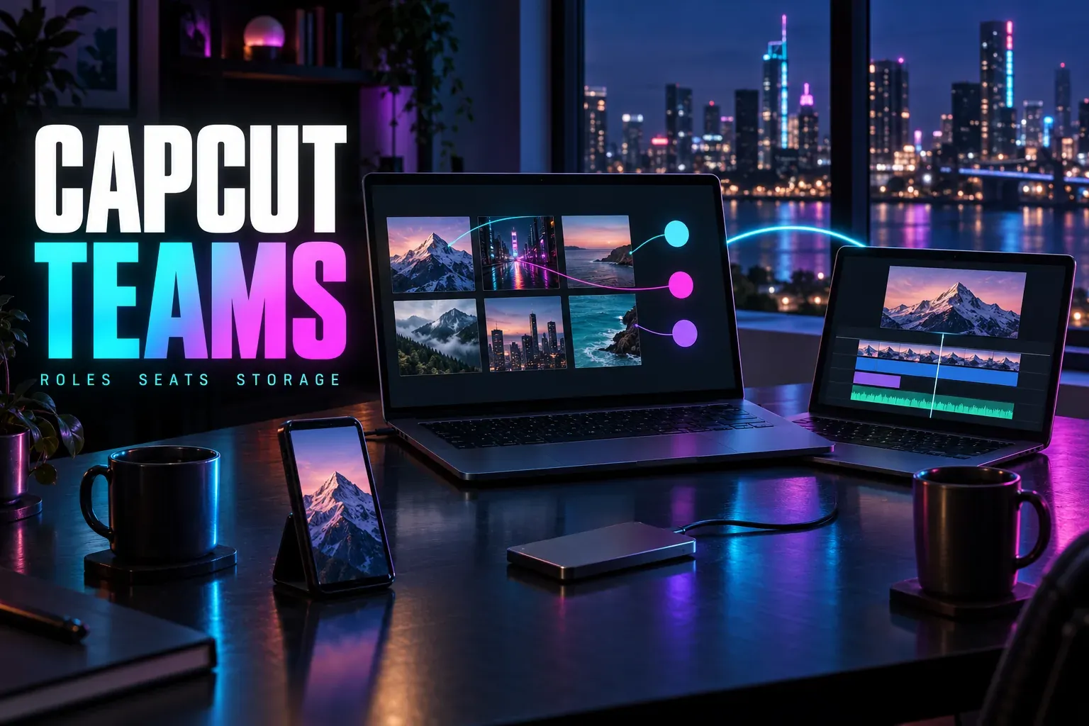 Two laptops linked by a cyan arc, one with a shared grid of six clips and three linked avatar dots, the other with a timeline, plus a phone and drive, under the title CapCut Teams