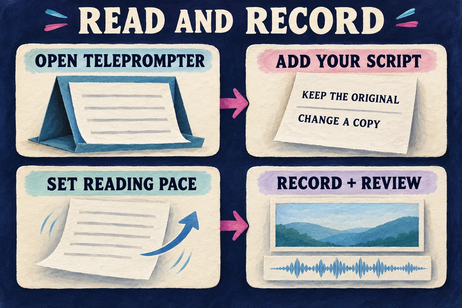 Open the teleprompter, add the script, set a comfortable reading pace, then record and review the take
