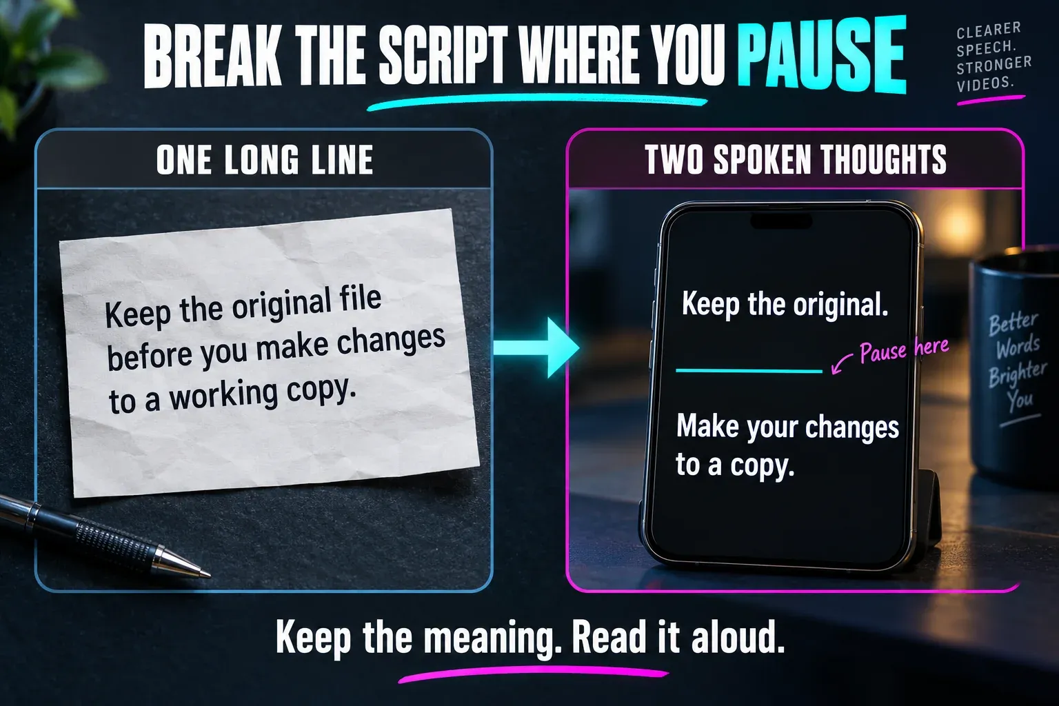 A long script sentence divided into two spoken thoughts with a pause between them