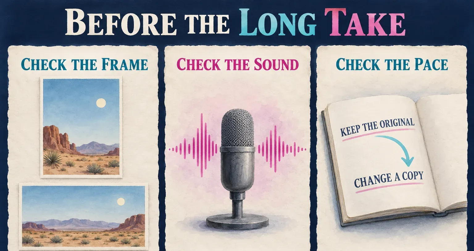 Three checks before a full take: camera framing, usable microphone sound and comfortable script pacing