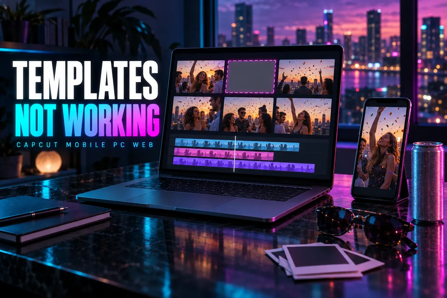 Laptop grid of rooftop confetti previews with one blank tile and a phone on a stand, with sunglasses, blank instant prints and a can, under the title Templates Not Working
