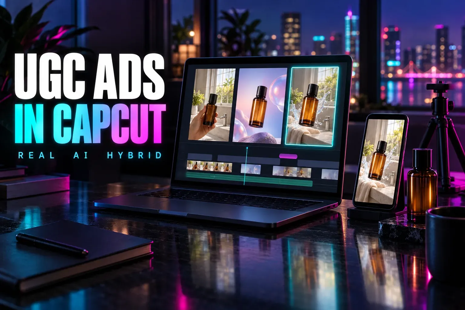 Laptop with three vertical frames of an amber bottle: held in a hand, a soft studio render and a cyan-outlined hybrid with a splash, a magenta tag on the timeline, a phone, titled UGC Ads