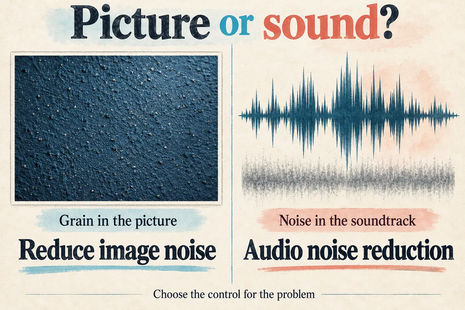 Picture grain in a dark wall beside an audio waveform, with each problem assigned to a different cleanup control
