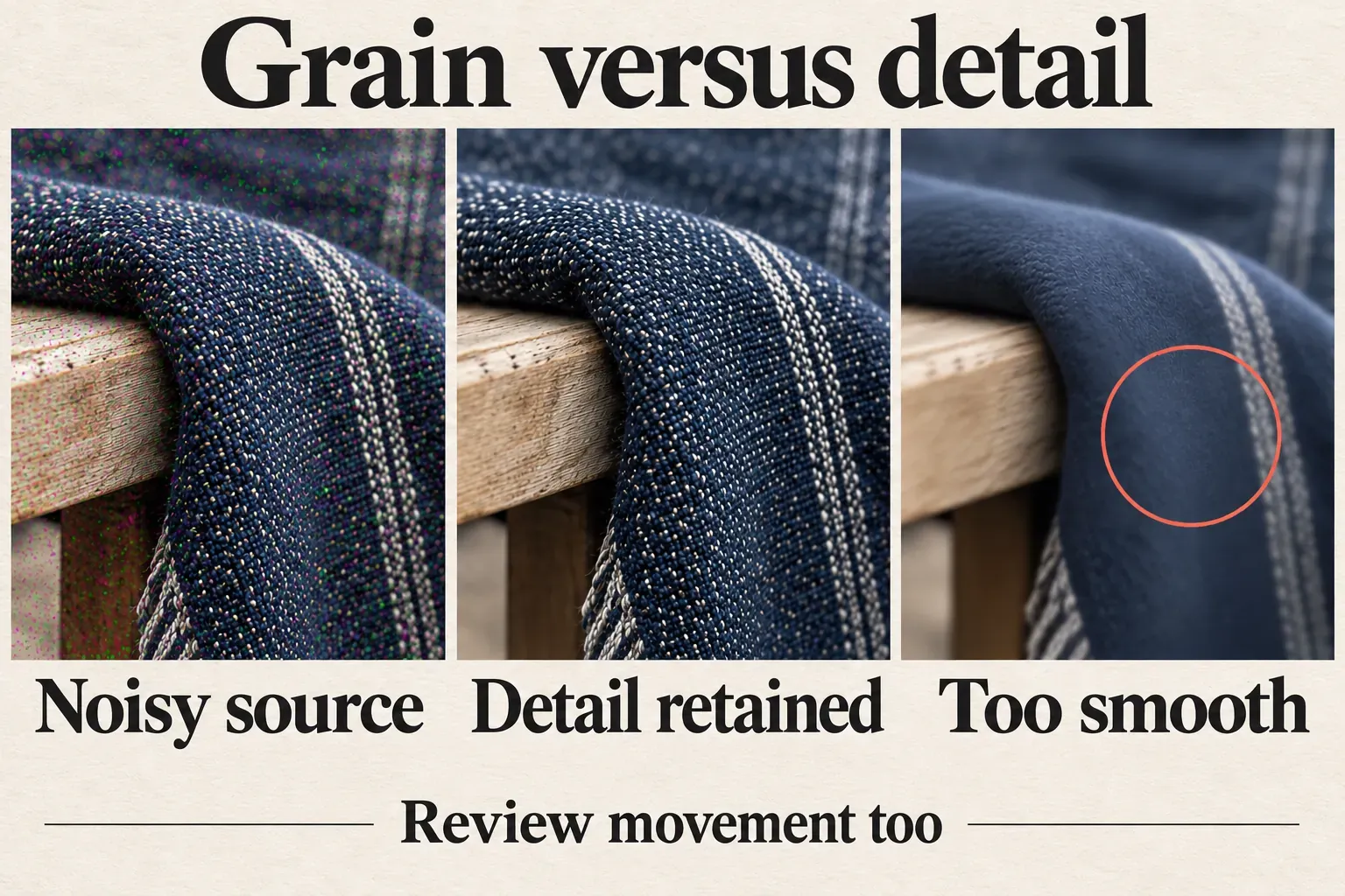Three matching views of patterned fabric showing visible grain, retained threads with lighter cleanup and excessive smoothing that loses the weave