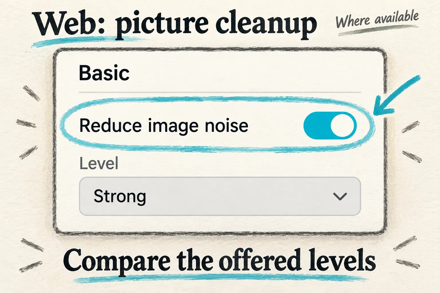 CapCut Web Basic panel with Reduce image noise enabled and its separate Level selector