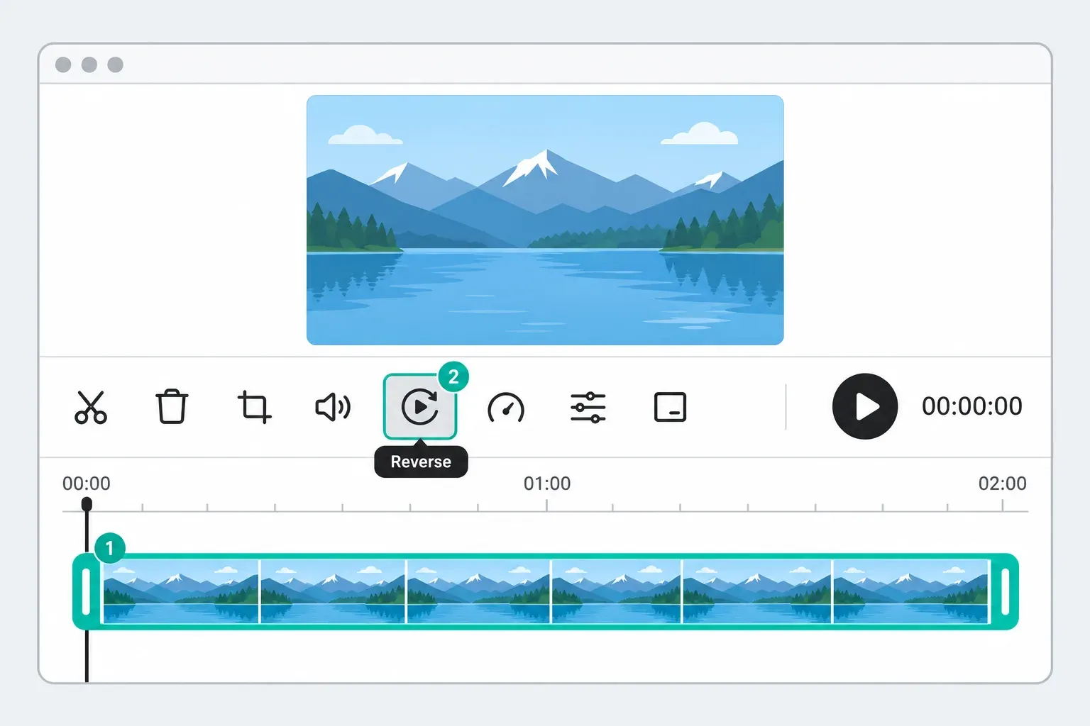 CapCut Web editor with a clip selected on the timeline and the Reverse tooltip under its toolbar button