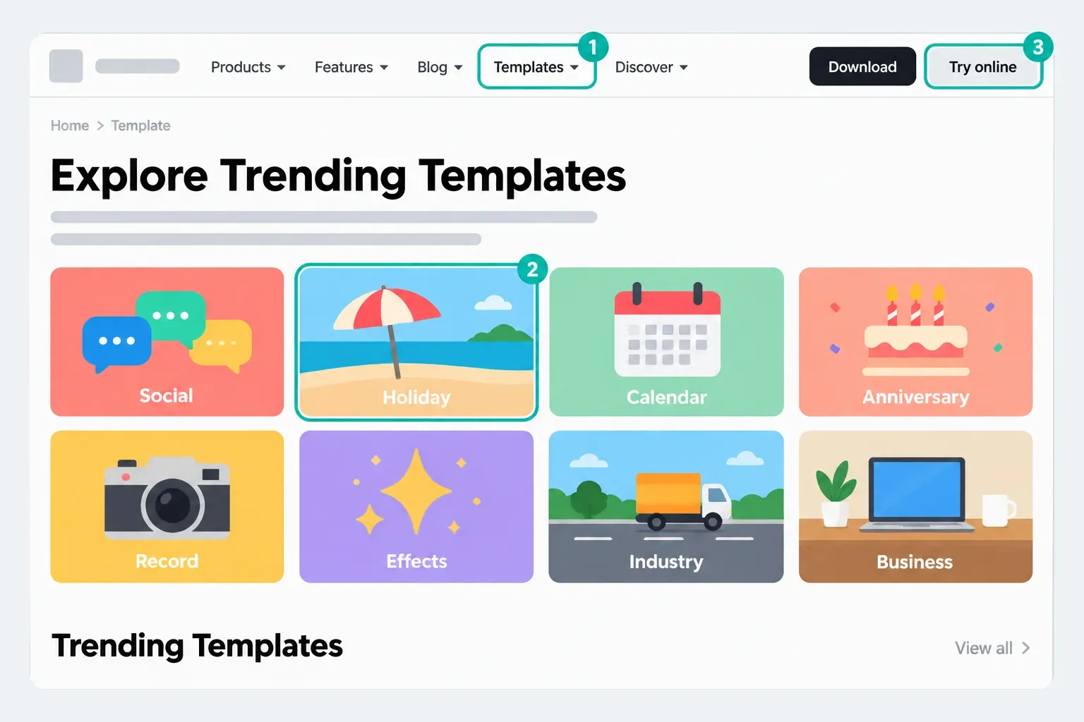 CapCut website Templates page with the Templates menu, category tiles such as Social, Holiday and Business, and the Try online button highlighted