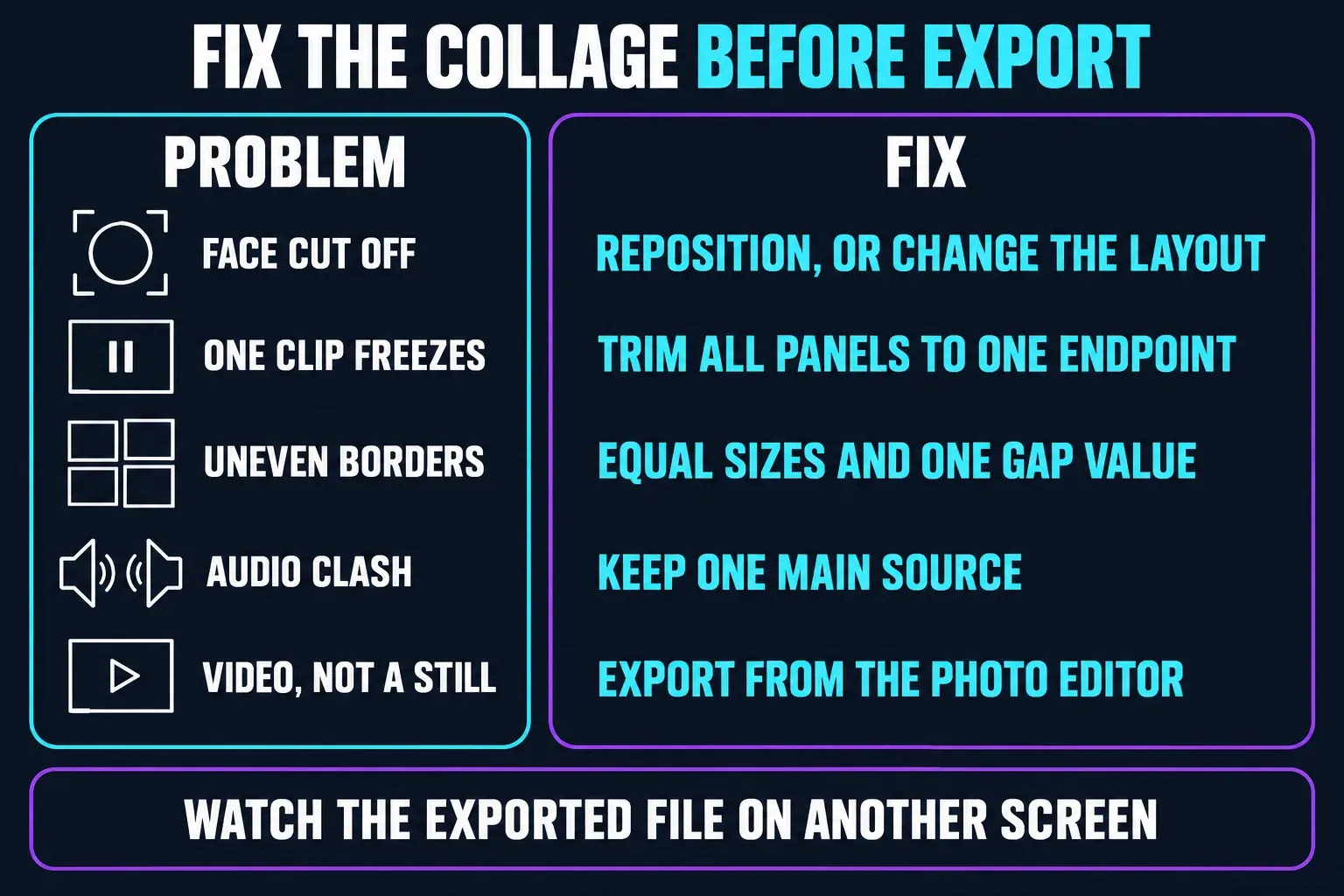 CapCut collage problems matched to fixes: a face cut off, one clip freezing, uneven borders, clashing audio and a video exported when a still was needed