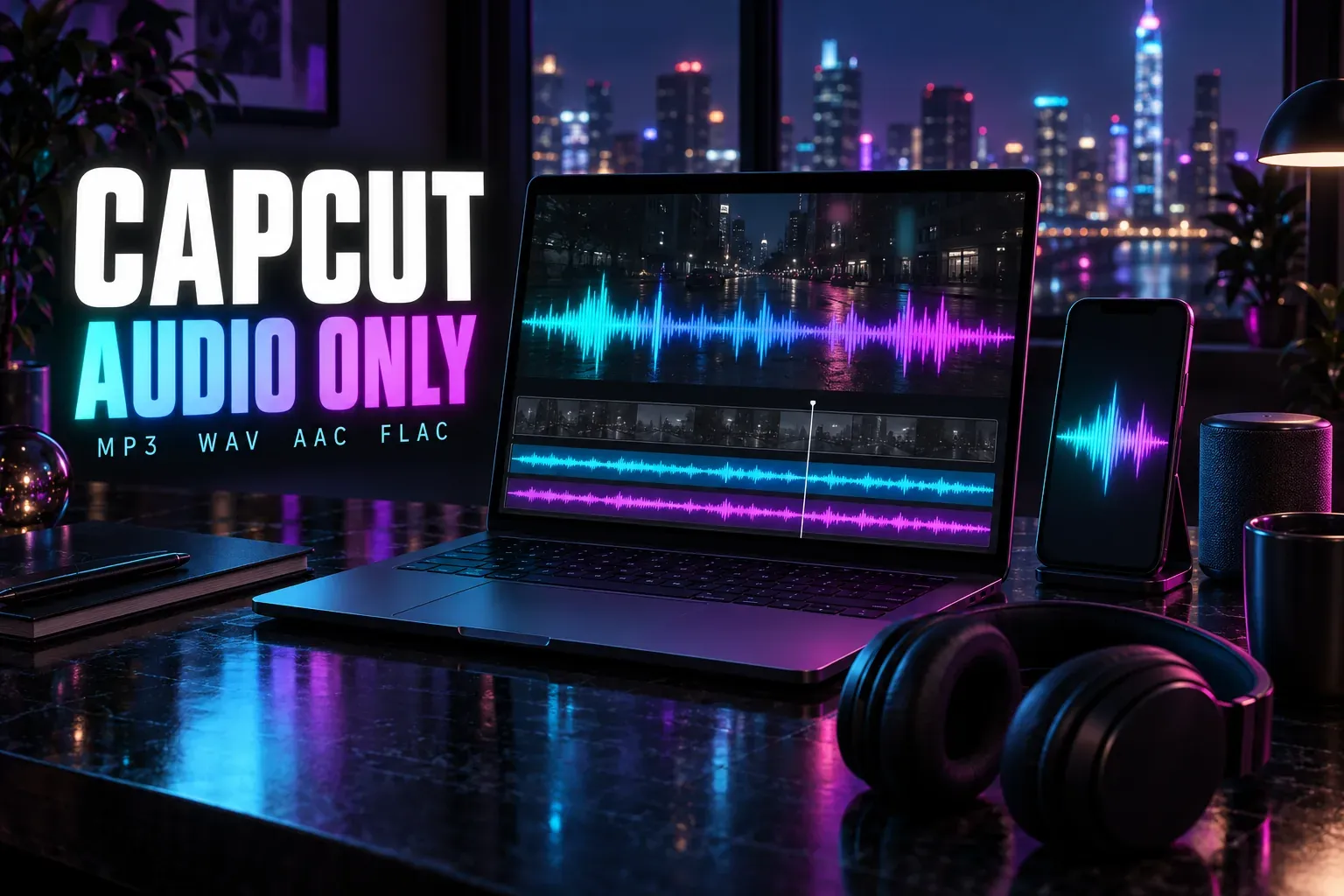Laptop with a dimmed night street behind a bright waveform over a greyed video row and two glowing audio rows, a phone with a waveform and headphones, under the title Audio Only