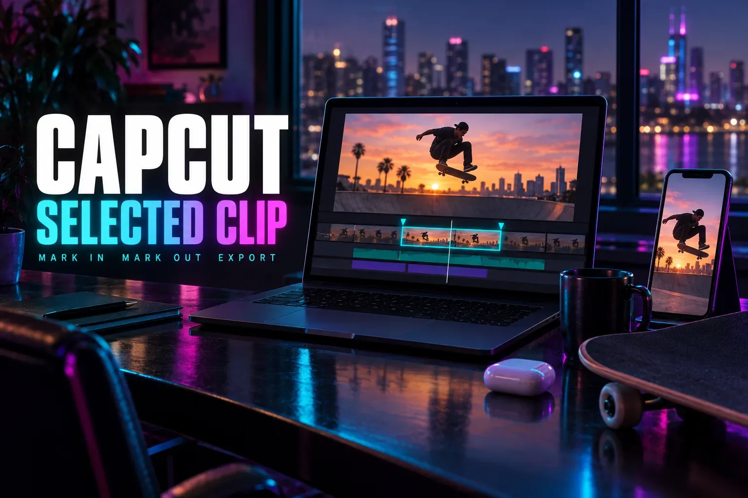 Laptop with a skateboarder mid-ollie above a timeline where one clip span sits outlined between In and Out markers, a phone with the same shot and a skateboard, under the title Selected Clip