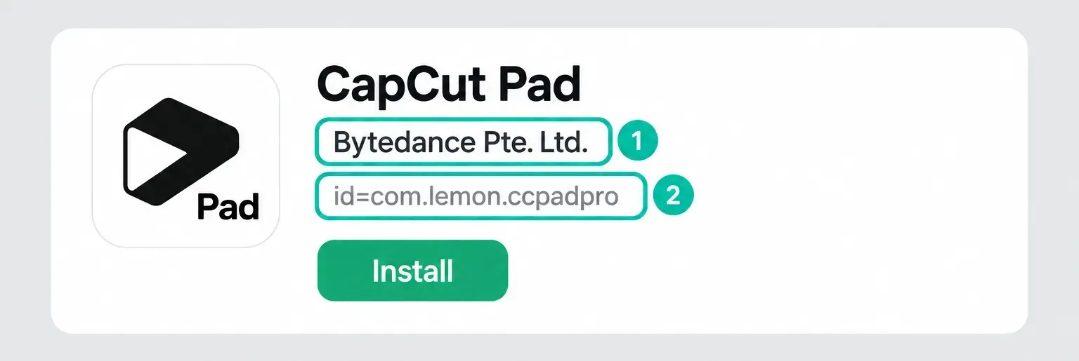 Separate CapCut Pad Google Play listing with developer Bytedance Pte. Ltd. and package ID com.lemon.ccpadpro
