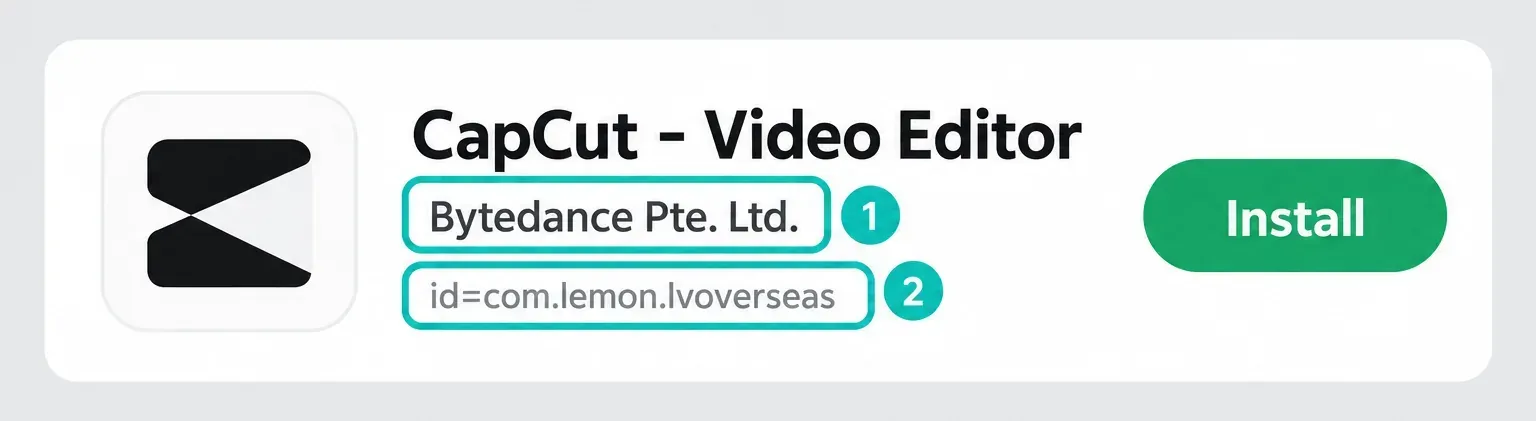 CapCut Google Play listing with developer Bytedance Pte. Ltd. and package ID com.lemon.lvoverseas highlighted
