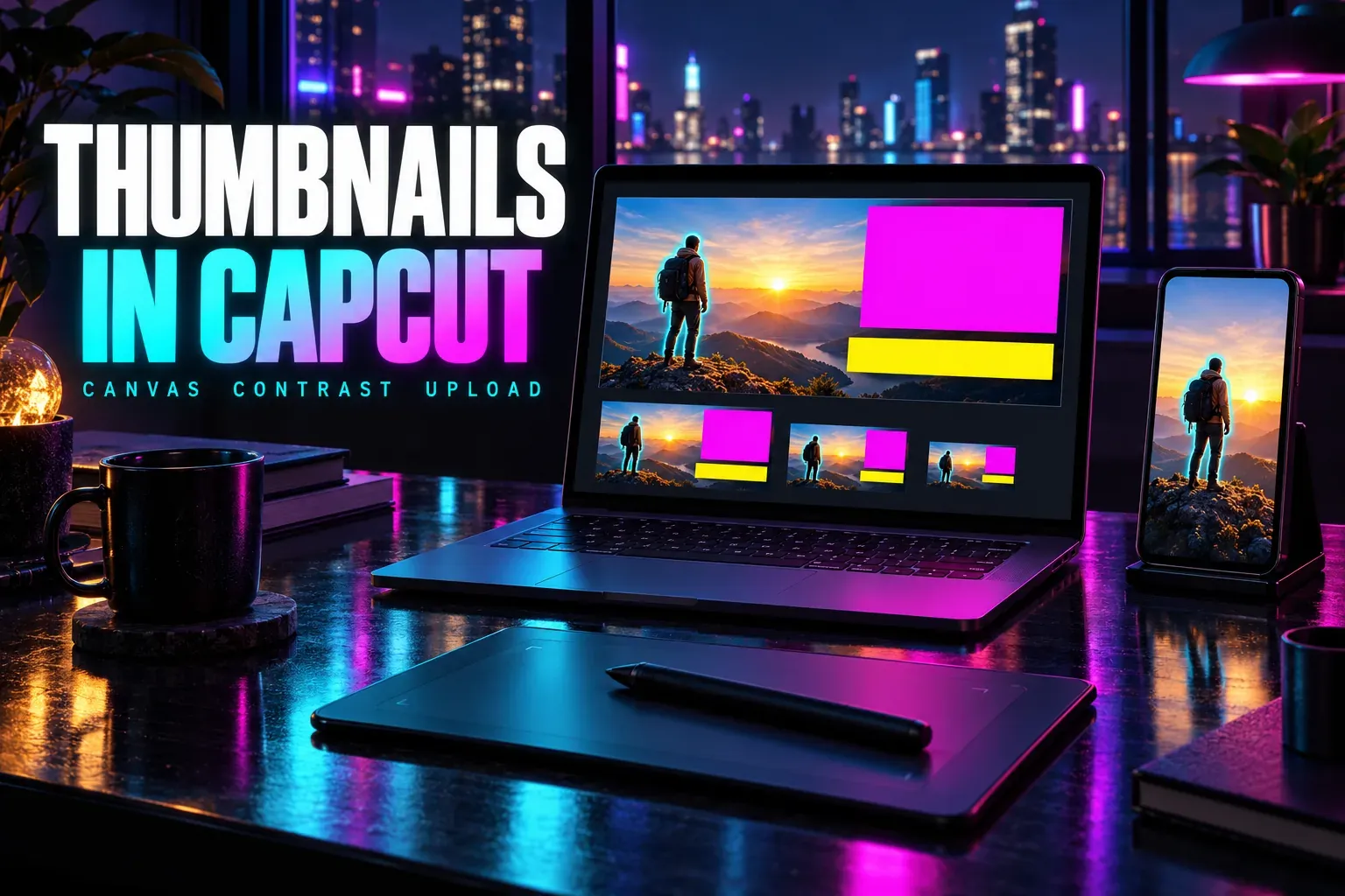 Laptop with a thumbnail of a hiker on a sunrise ridge outlined in cyan beside blank magenta and yellow blocks, three smaller copies, a vertical phone version, titled Thumbnails
