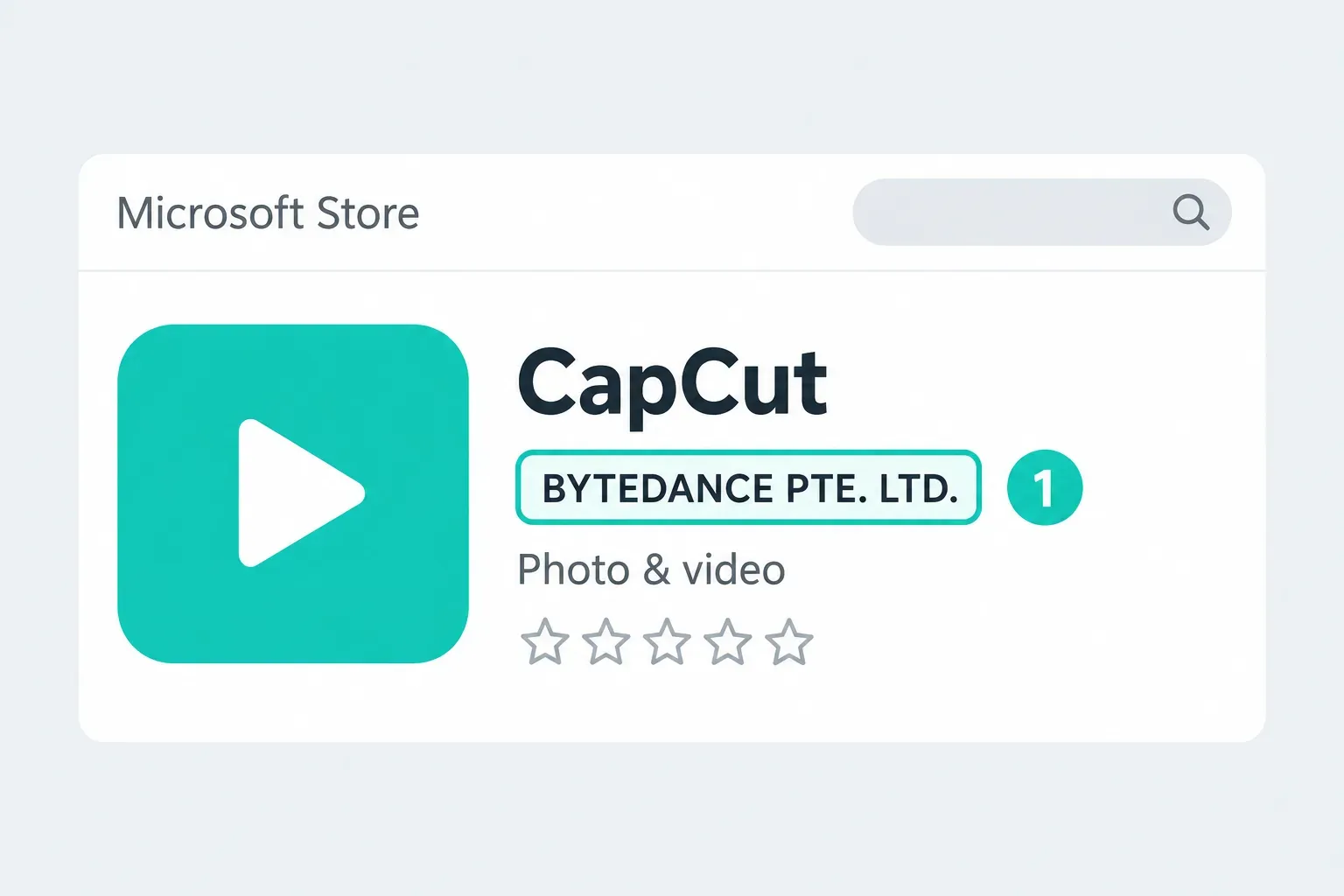 Microsoft Store listing layout for CapCut with the publisher line BYTEDANCE PTE. LTD. highlighted (1)