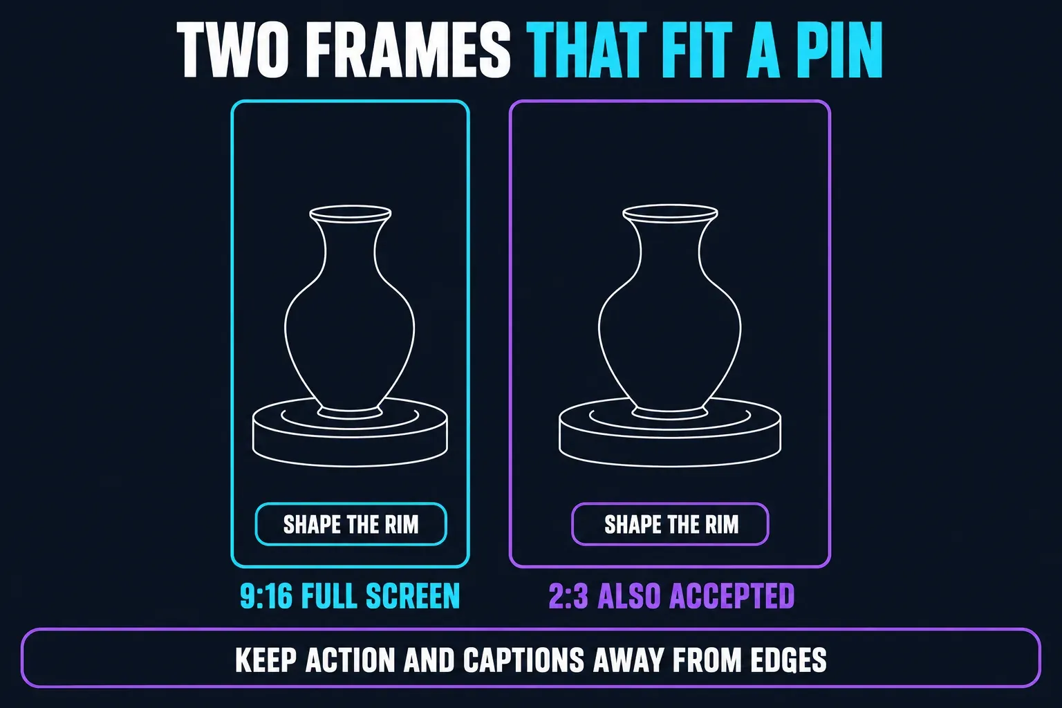 A 9:16 full-screen frame beside a 2:3 frame, both showing a vase on a pottery wheel with the caption bar inset from the bottom edge, so the action and text stay away from the edges