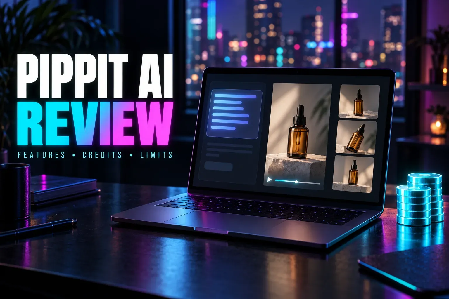 Pippit AI review cover: a neon-lit desk with a laptop showing a prompt panel, a vertical video of an amber dropper bottle on a stone plinth and three angle thumbnails, beside cyan coins
