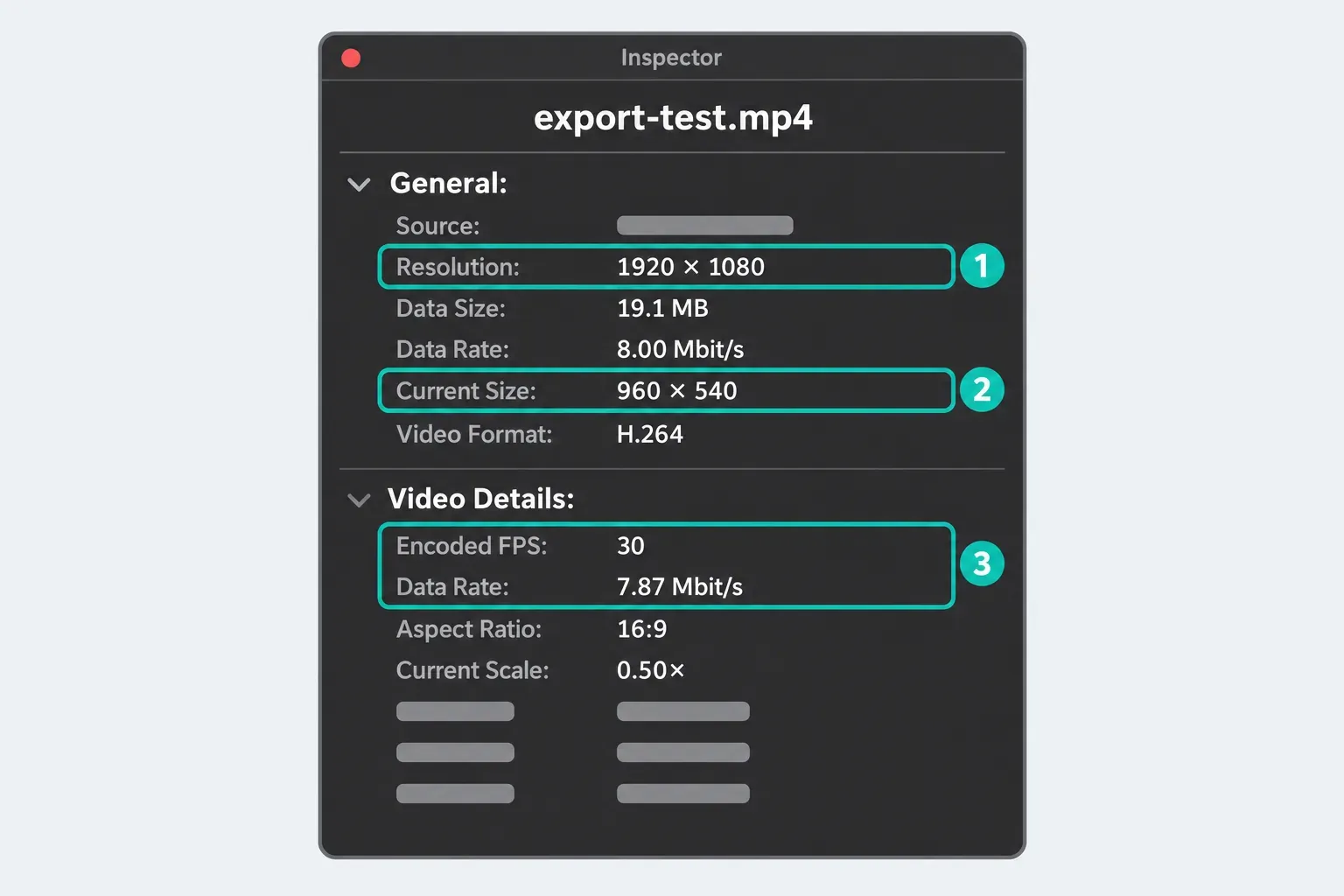 QuickTime Player Movie Inspector with the Resolution row, the Current Size row and the Encoded FPS and Data Rate rows under Video Details highlighted
