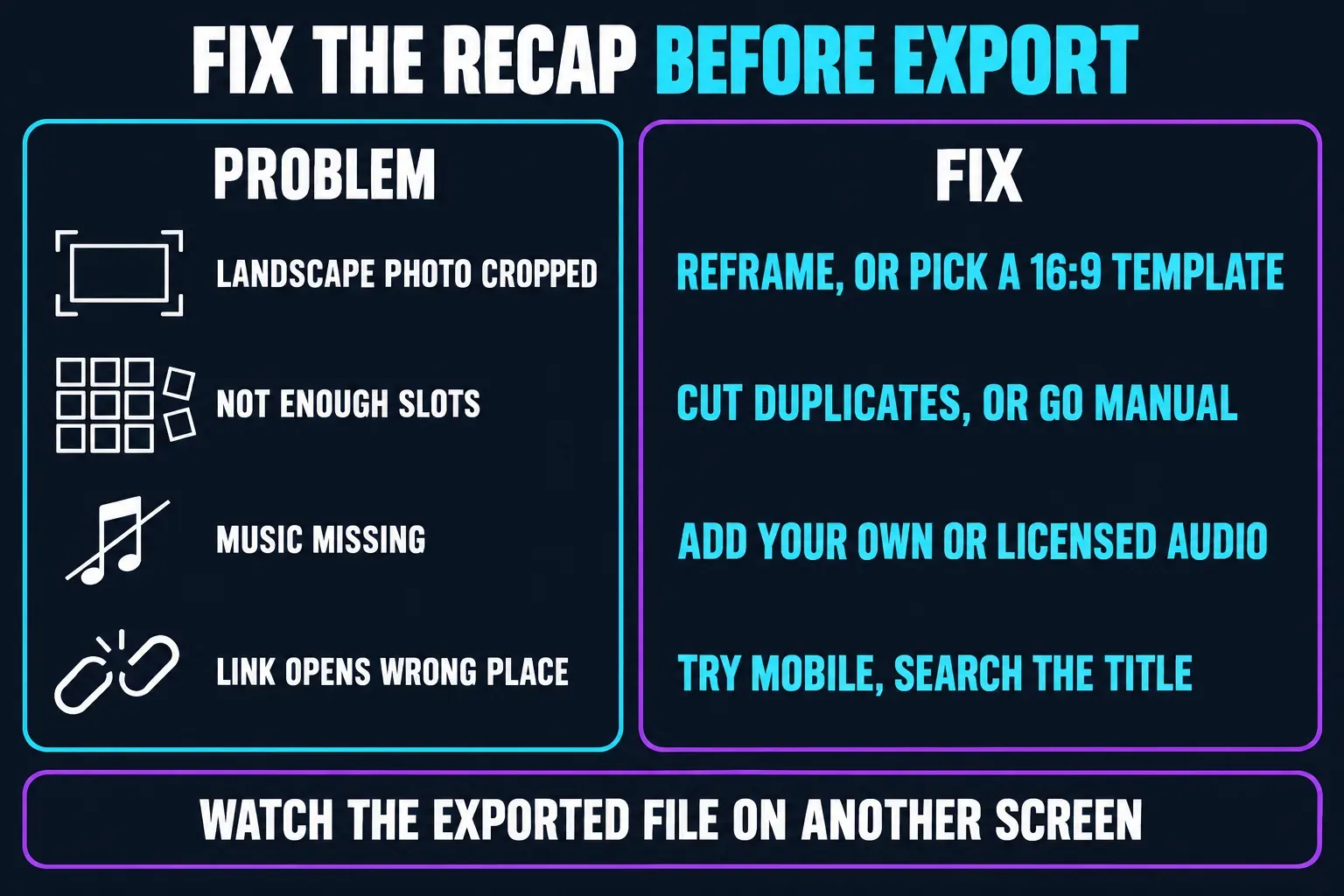 CapCut recap problems matched to fixes: a cropped landscape photo, too few template slots, missing music and a template link that opens in the wrong place
