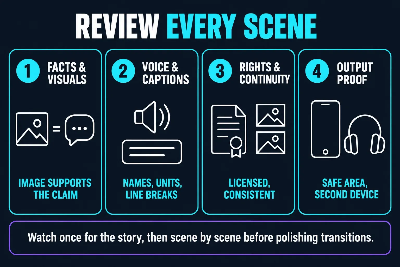 Four areas to review in every scene of a CapCut Script to video draft: facts and visuals so the image supports the spoken claim, voice and captions for names, units and line breaks, rights and continuity, and an output proof watched on a second device with the safe area in mind