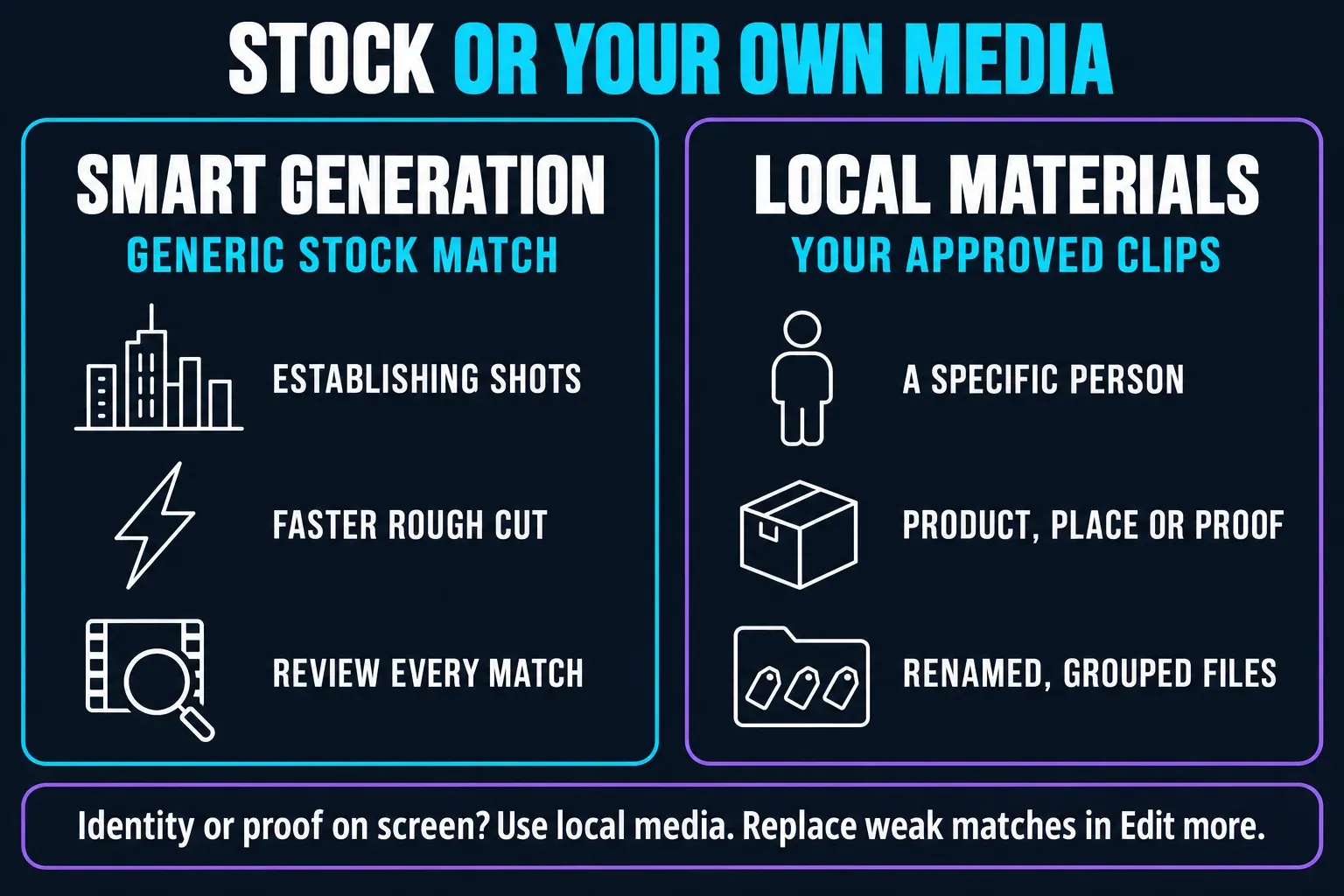 Stock or your own media in CapCut Script to video: Smart mode matches generic stock for establishing shots and a faster rough cut but every match needs review, while Local materials uses your approved, renamed clips when a specific person, product, place or proof must appear