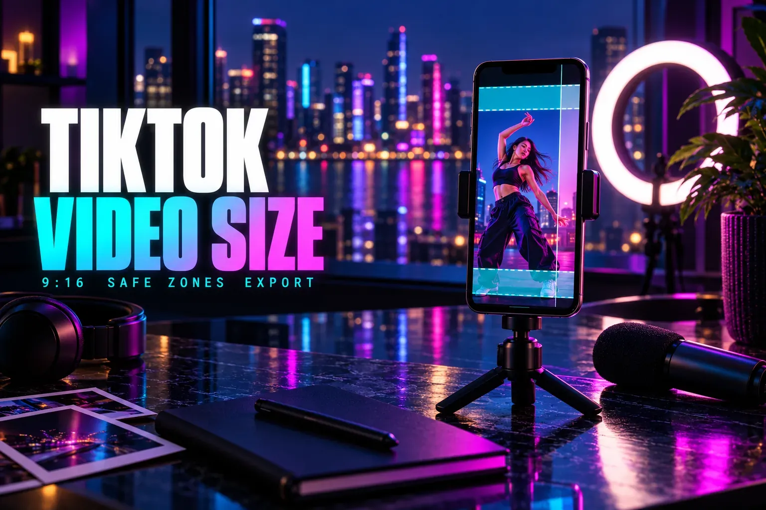 TikTok Video Size title beside a phone on a mini tripod showing a vertical dance clip with top and bottom safe-zone bands