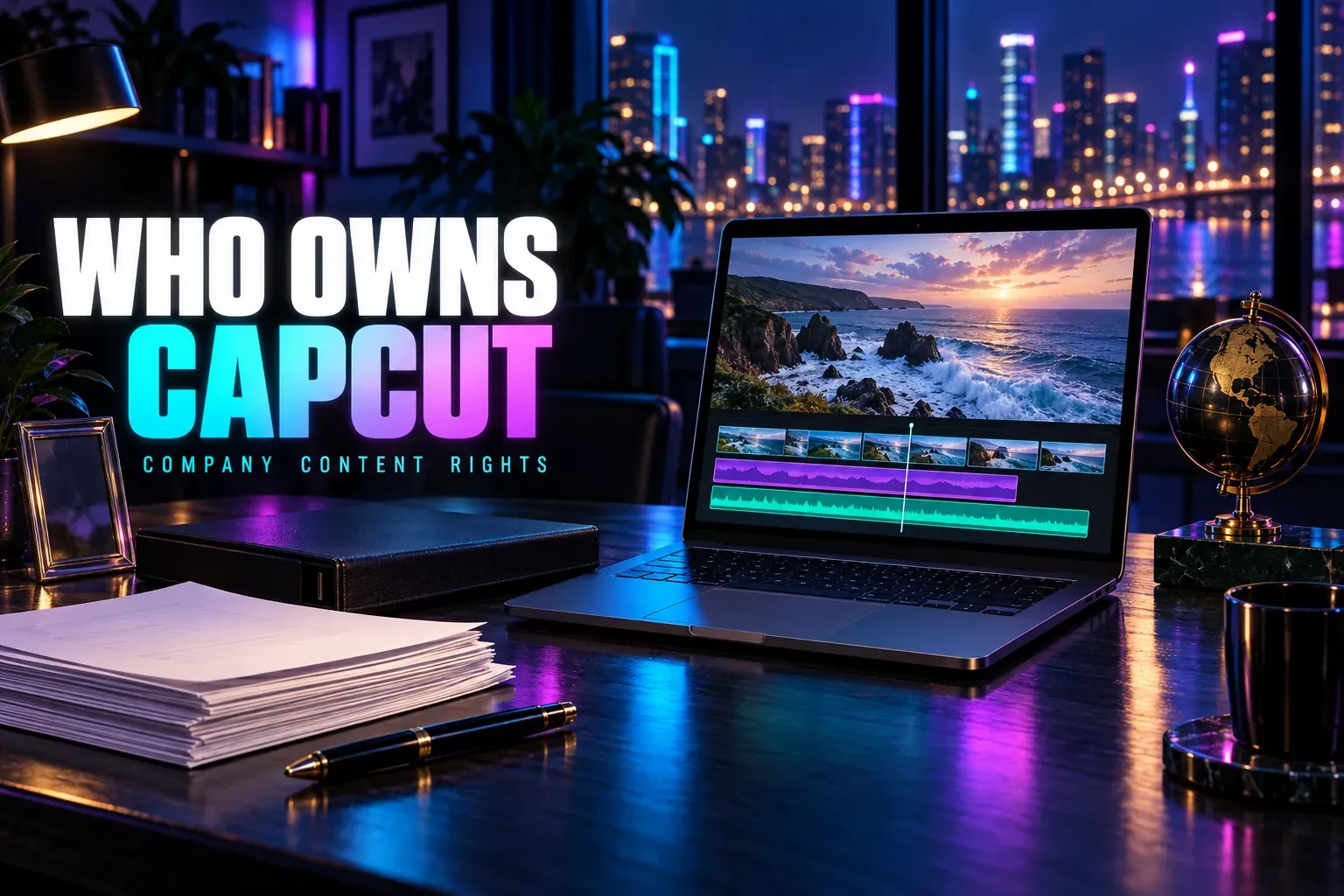 Laptop with an ocean video, documentary folder, papers and brass globe beside the title Who Owns CapCut