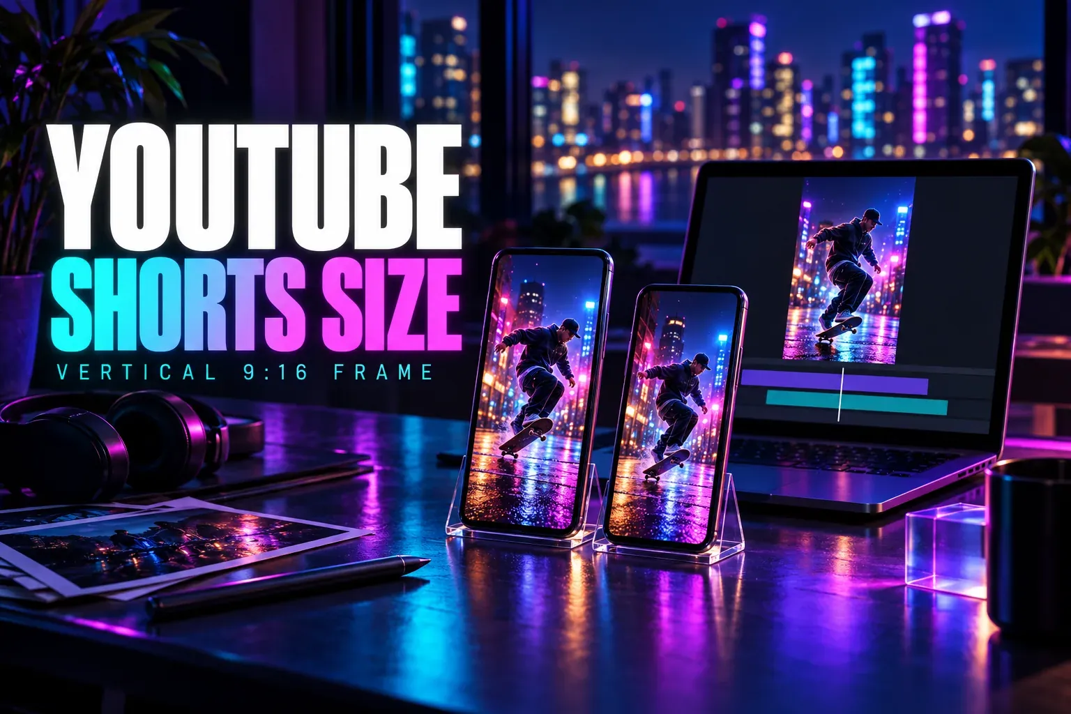 YouTube Shorts Size title beside two phones and a laptop showing the same vertical skateboarding clip on a 9:16 frame