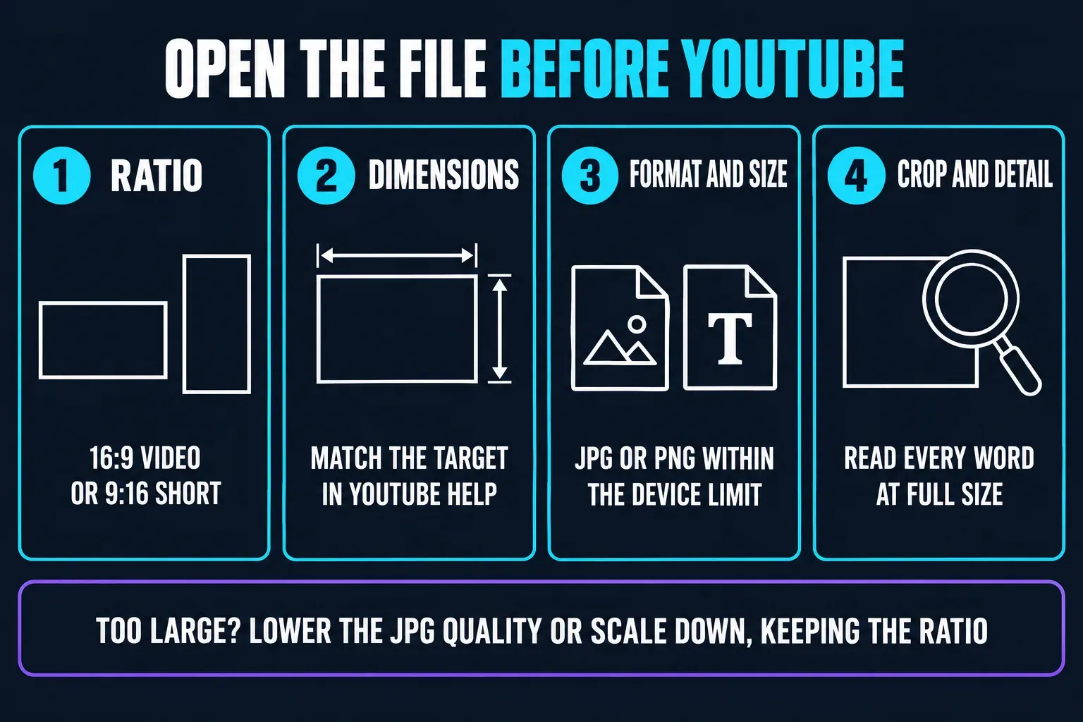 What to inspect in the saved thumbnail file before YouTube: 16:9 or 9:16 ratio, dimensions that match YouTube Help, JPG or PNG within the device size limit, and every word readable at full size; if the file is too large, lower the JPG quality or scale it down without changing the ratio