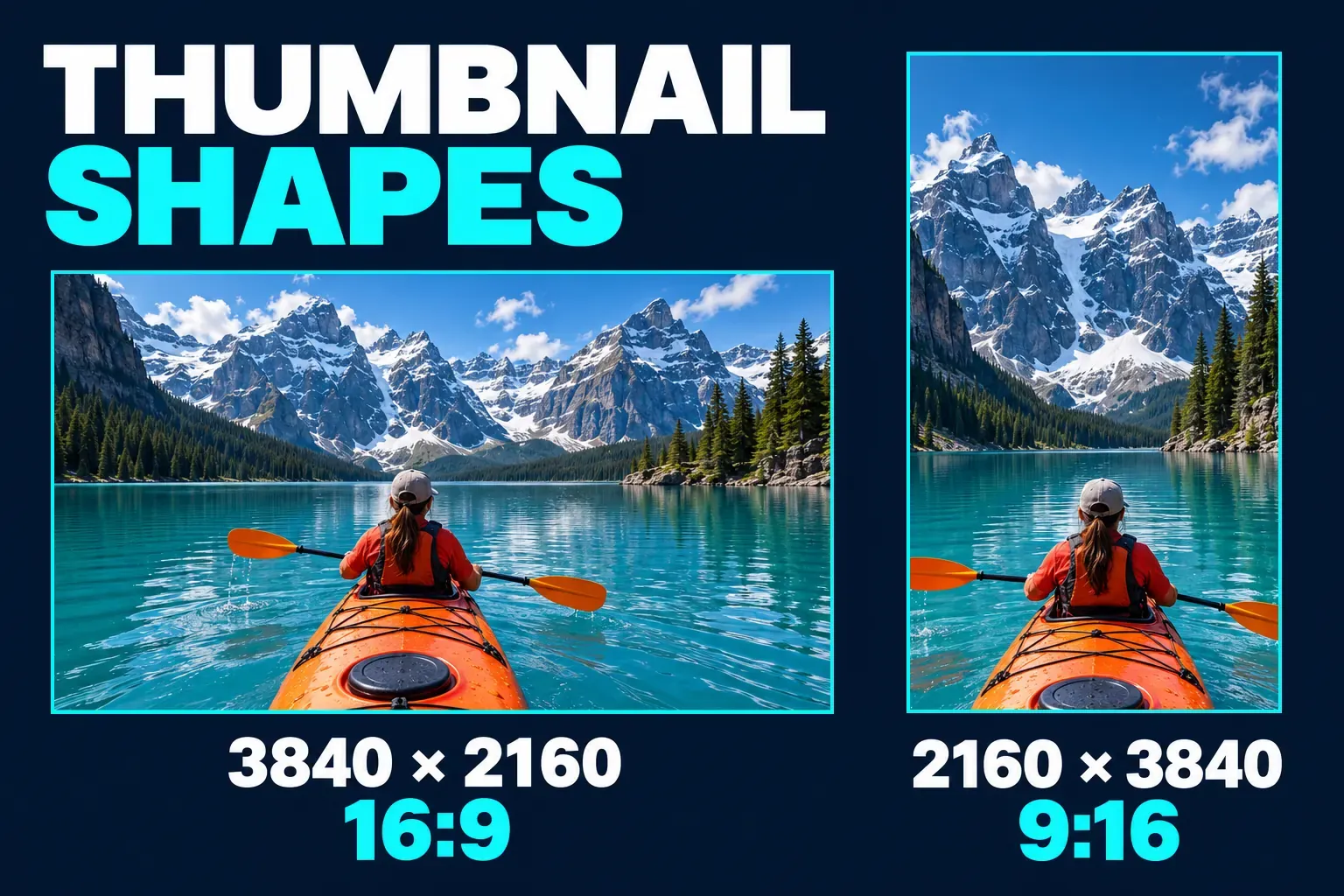 A 16:9 frame marked 3840 by 2160 beside a 9:16 frame marked 2160 by 3840 showing the same mountain scene in both shapes