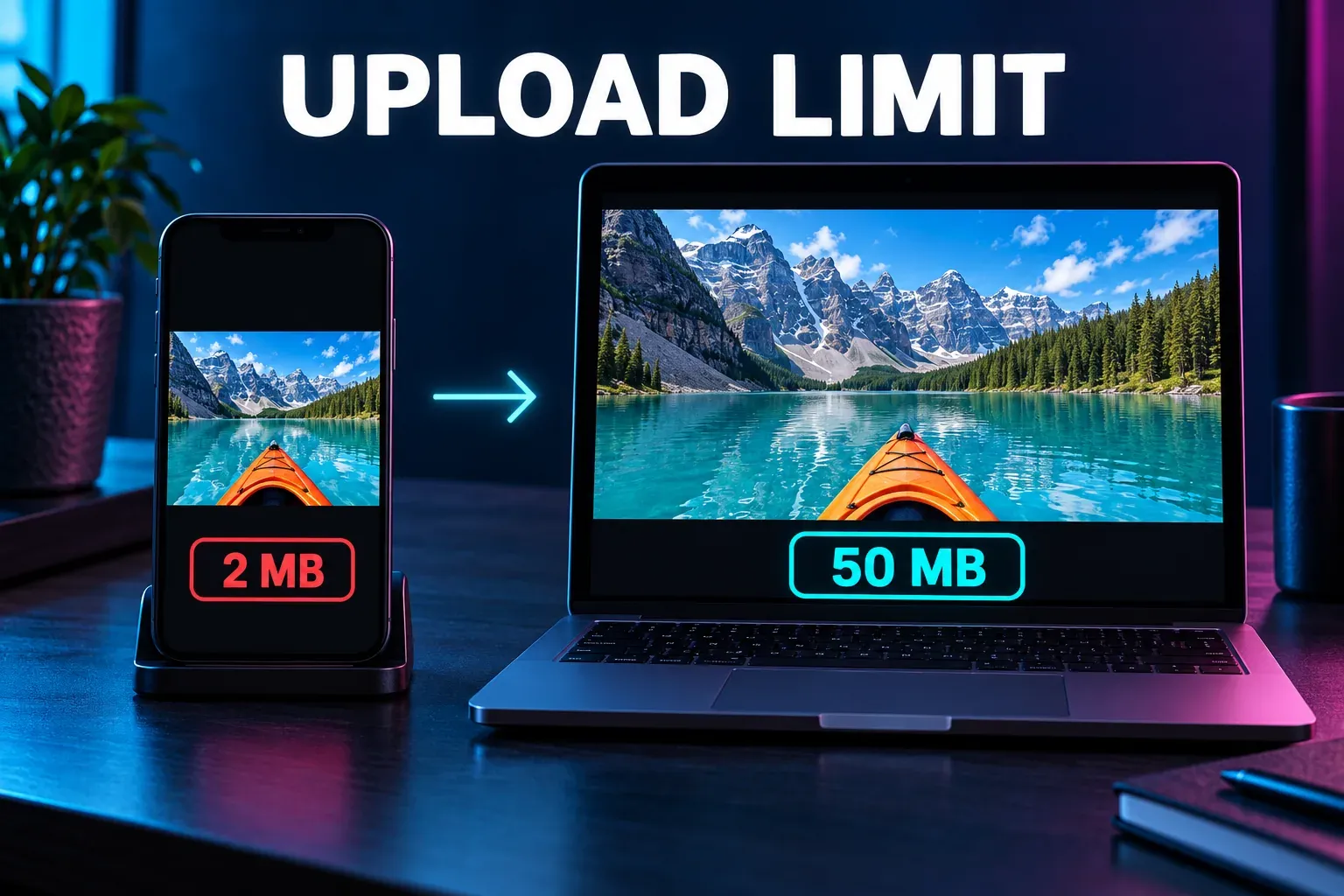 A phone showing a 2 MB thumbnail limit next to a laptop showing a 50 MB limit with the same 16:9 image on both screens