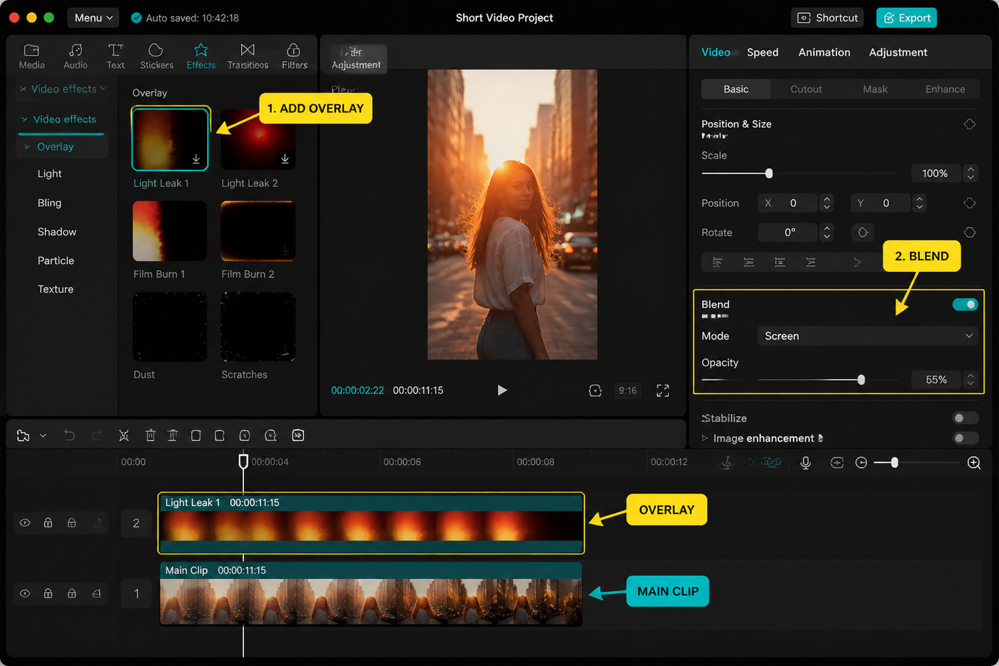 How to Add Overlay Effects in CapCut: Glitch, VHS, Light Leaks tutorial screenshot-style visual